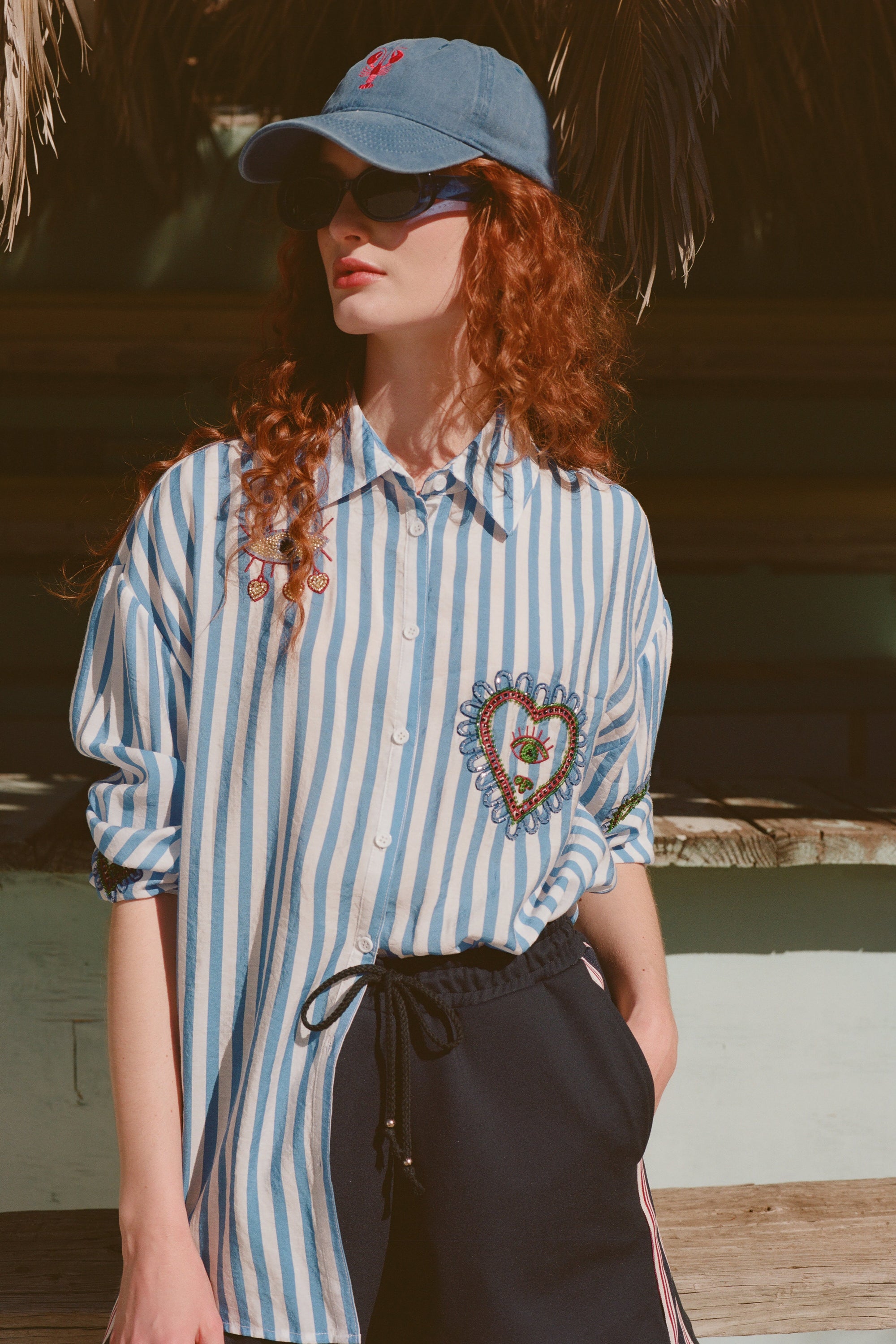 Beaded Shirt in Blue Stripe