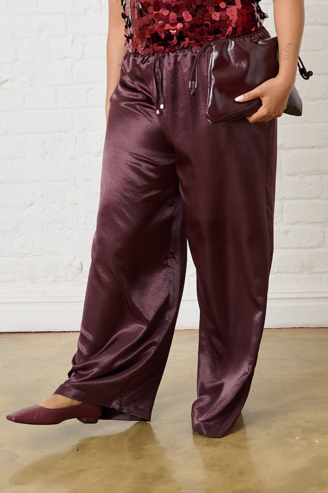 Satin Pull on Pant in Burgundy