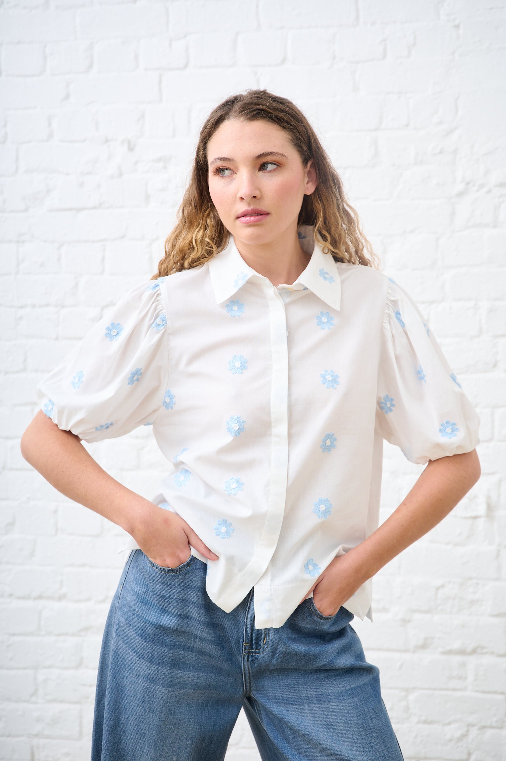 Balloon Sleeve Shirt in Blue Flower