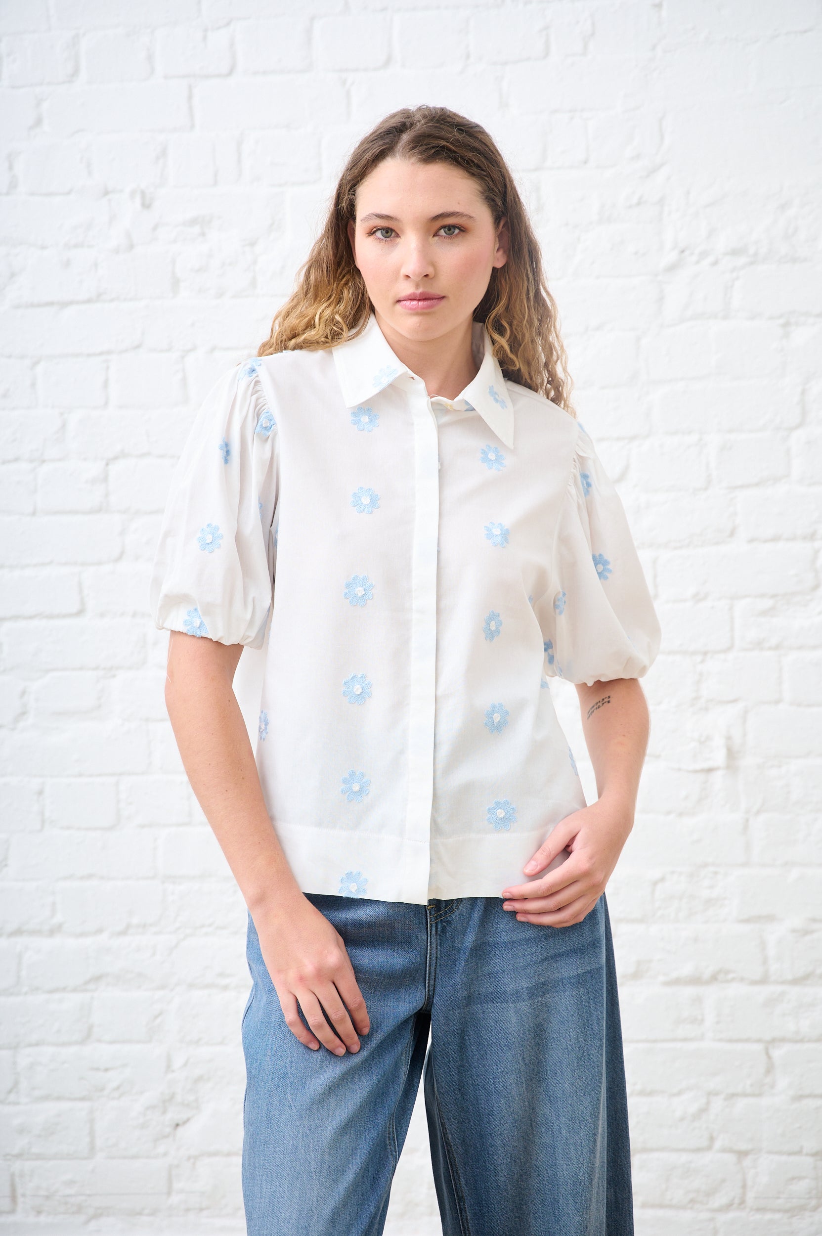 Balloon Sleeve Shirt in Blue Flower