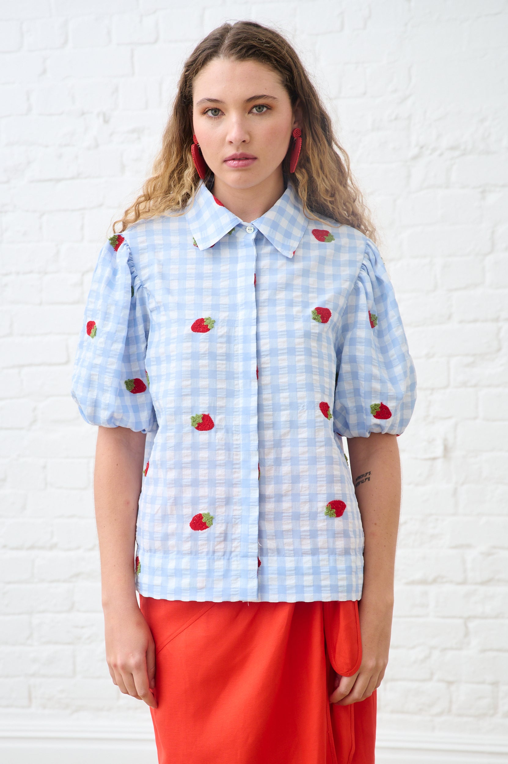 Balloon Sleeve Shirt in Strawberry Gingham