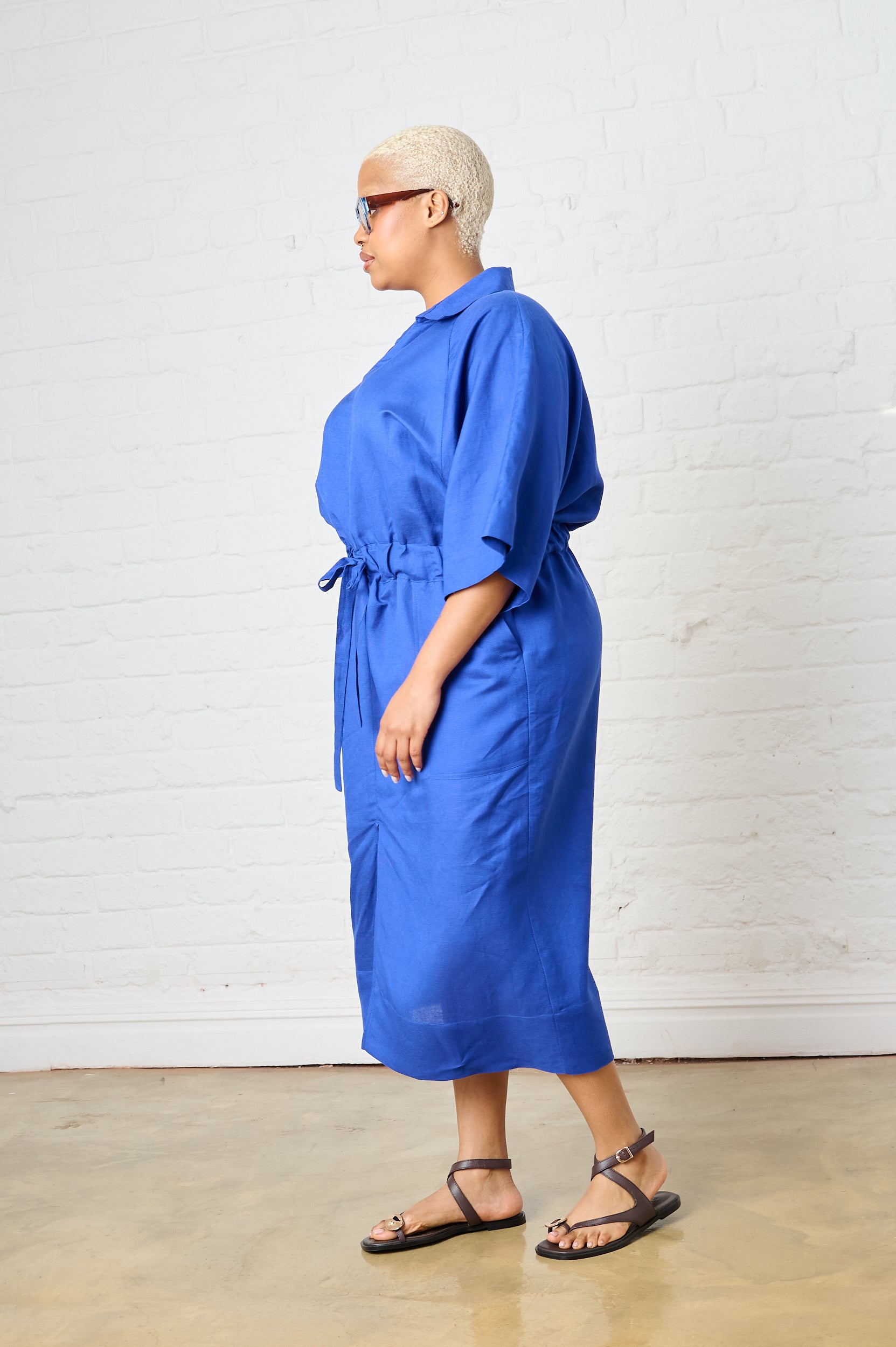 Linen Dolman Sleeve Dress in Cobalt