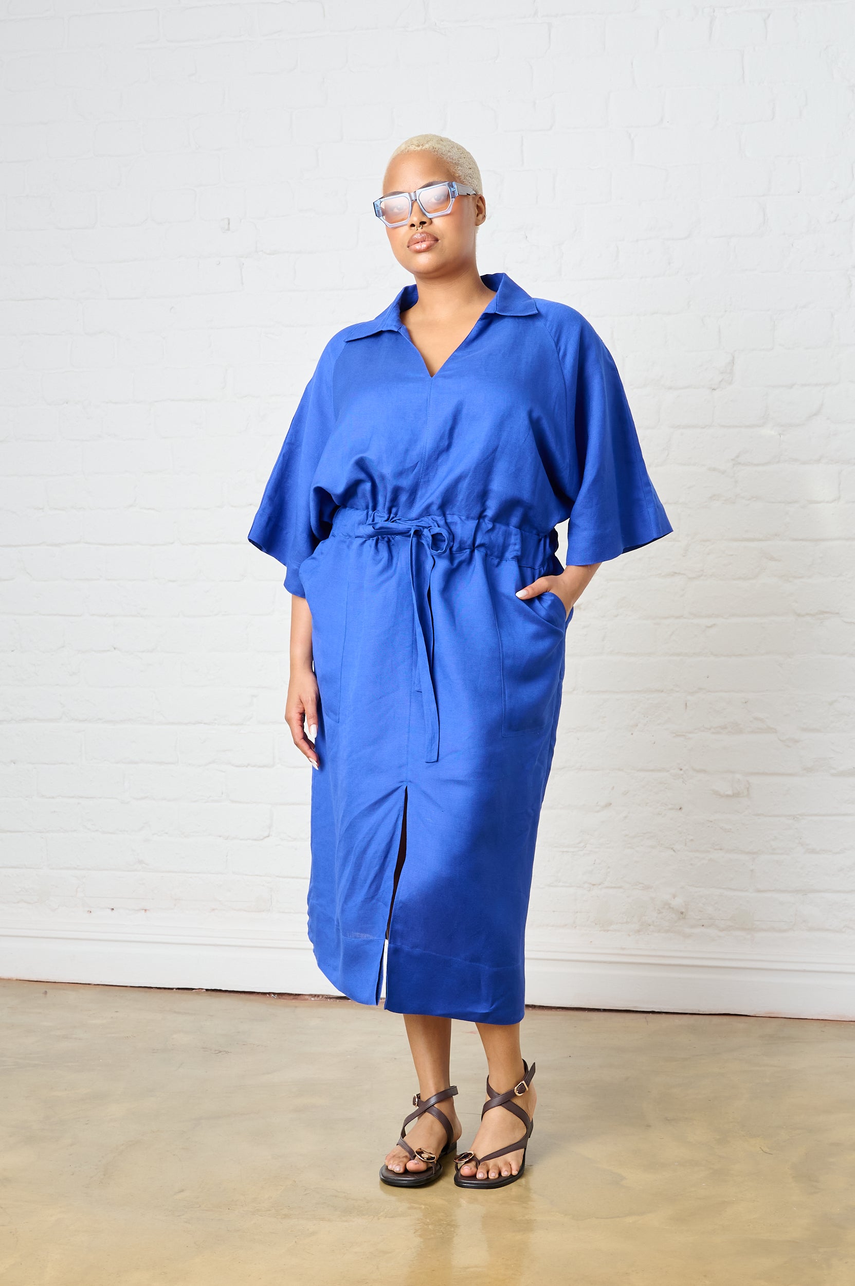 Linen Dolman Sleeve Dress in Cobalt
