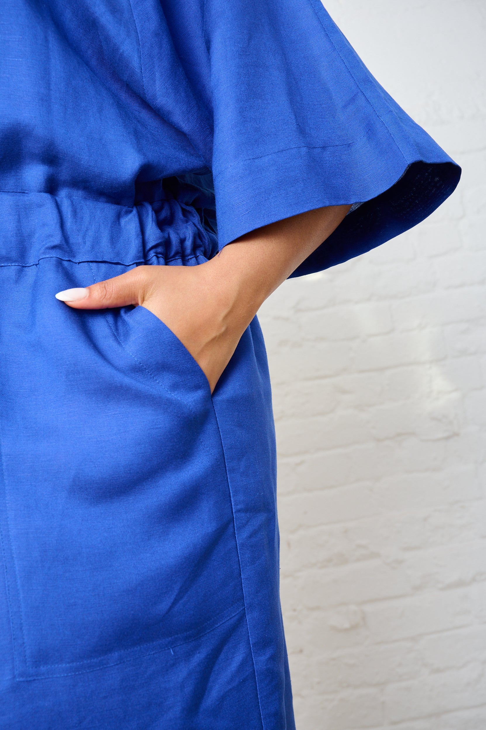 Linen Dolman Sleeve Dress in Cobalt