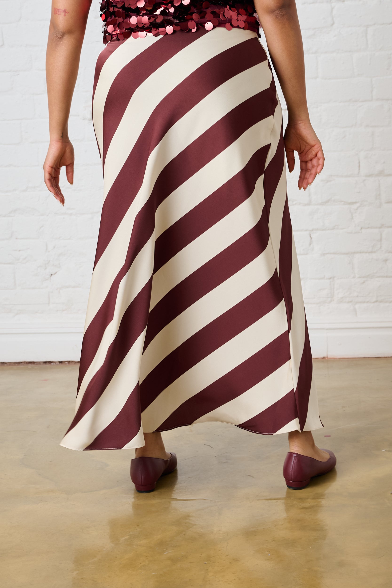 Satin Maxi Skirt in Burgundy Stripe