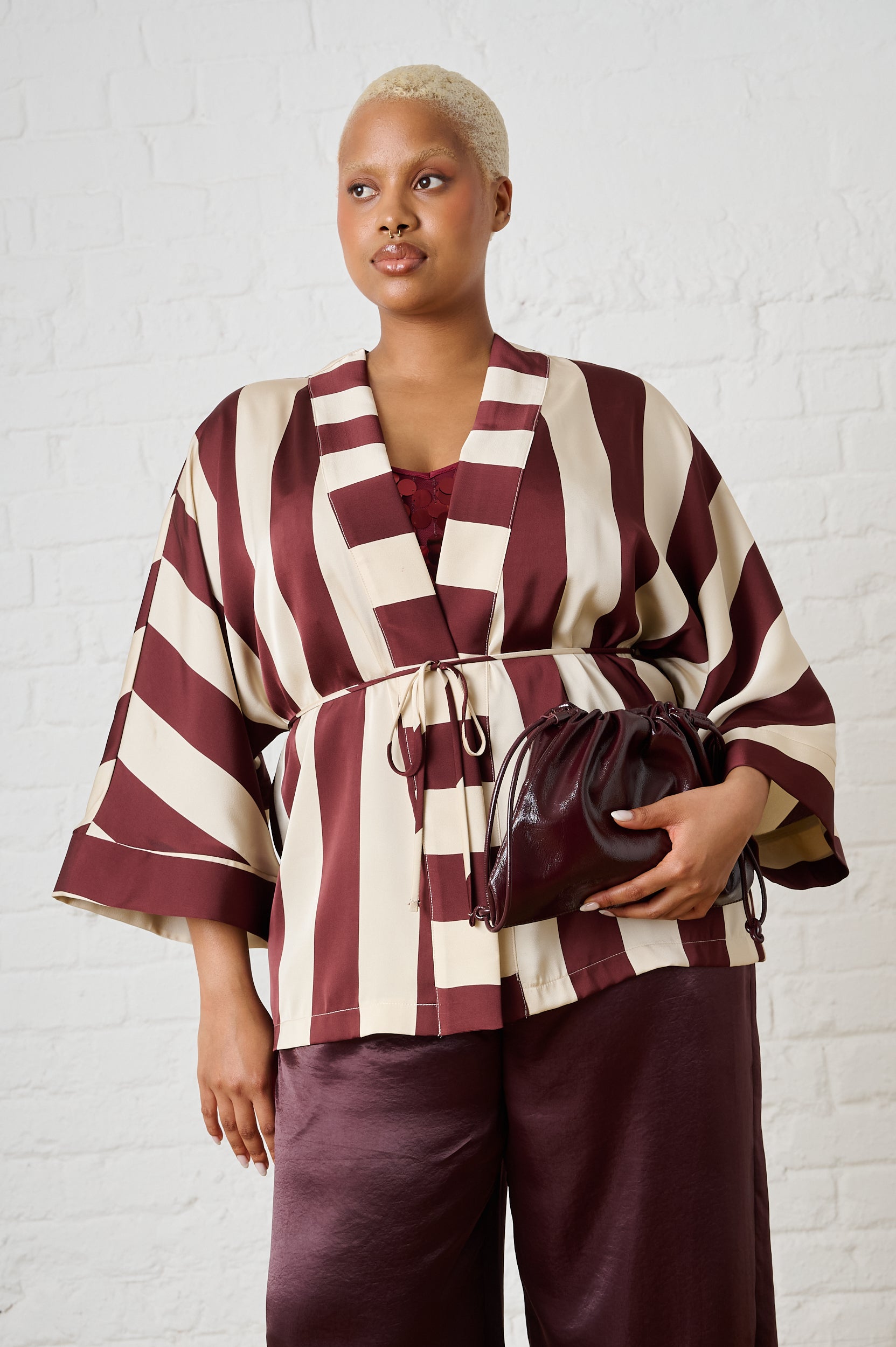Satin Kimono in Burgundy Stripe