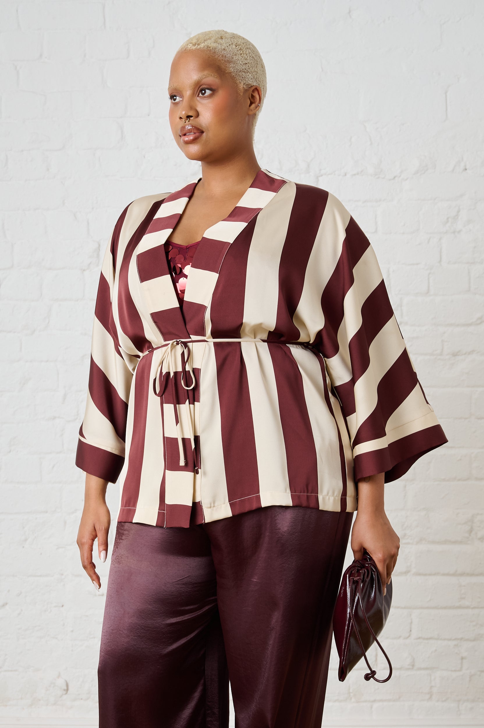 Satin Kimono in Burgundy Stripe
