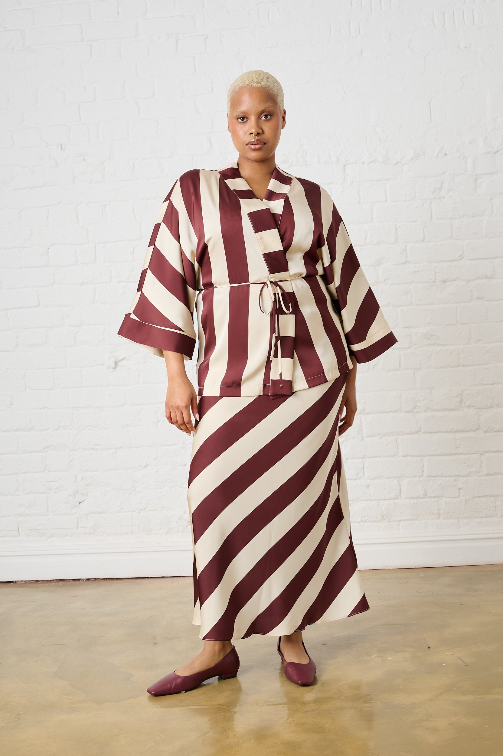 Satin Kimono in Burgundy Stripe