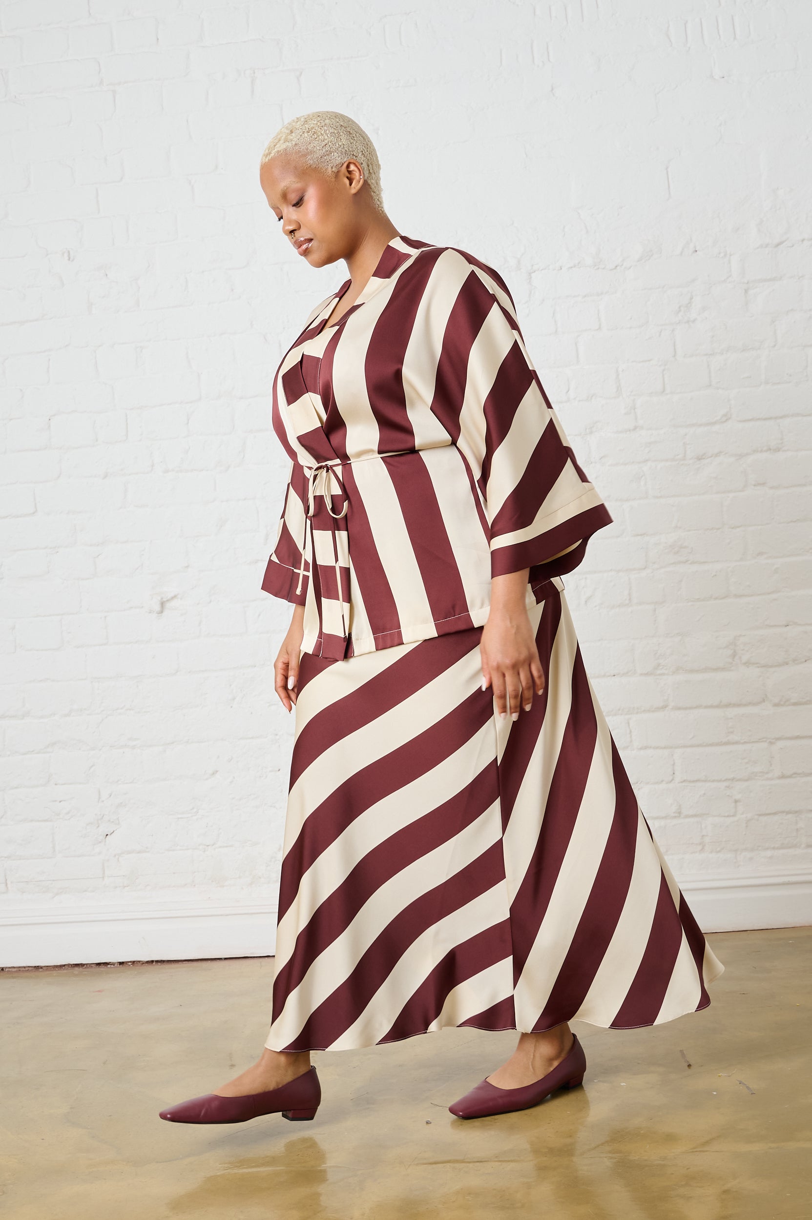 Satin Kimono in Burgundy Stripe