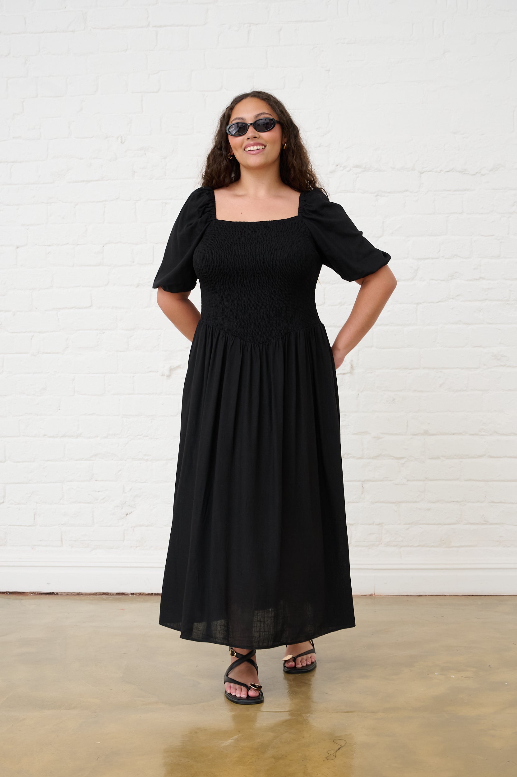 Shaped Hip Smocked Maxi Dress in Black – Me&B