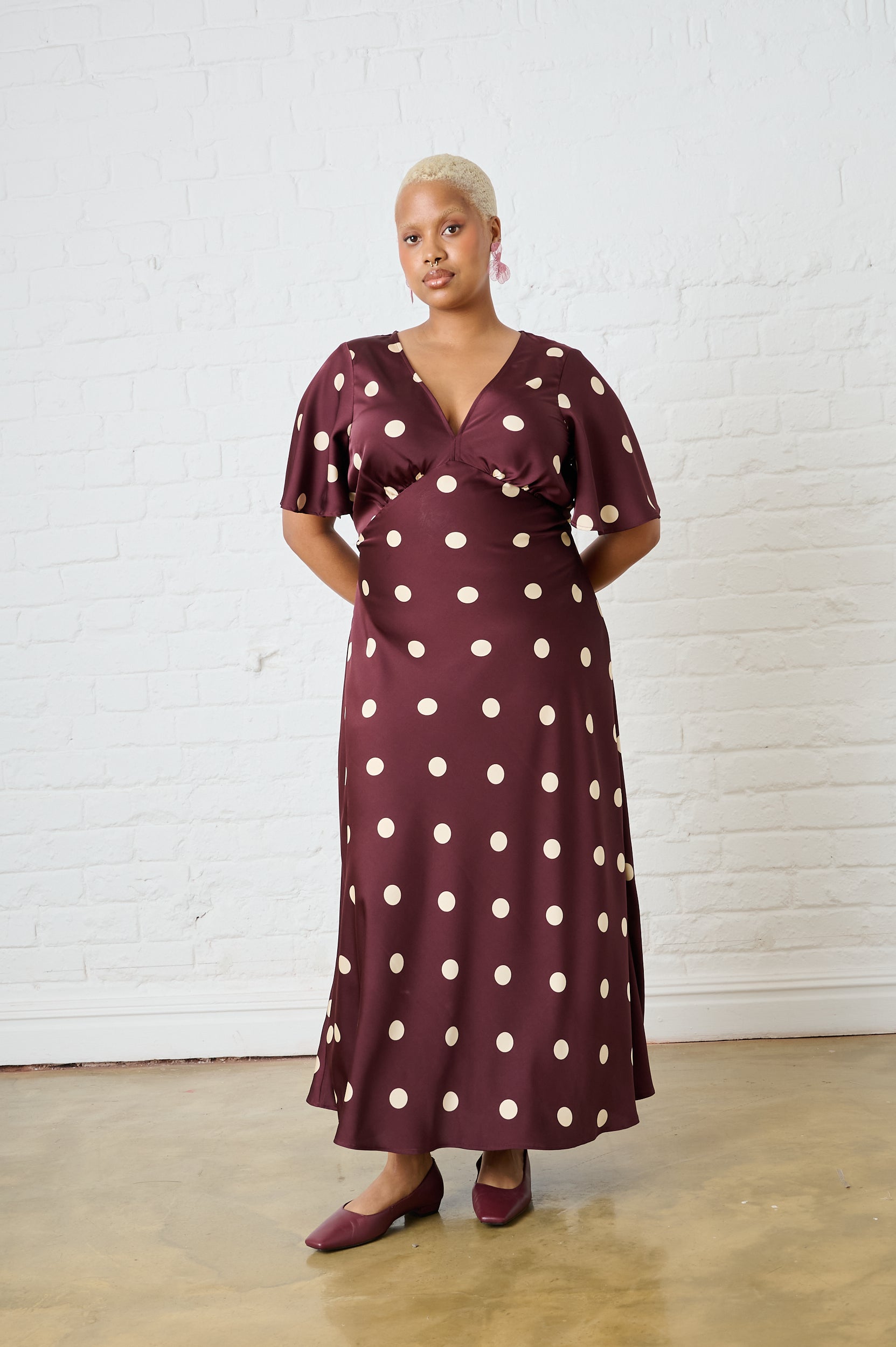 Burgundy Spot Satin Maxi Dress with Sleeve