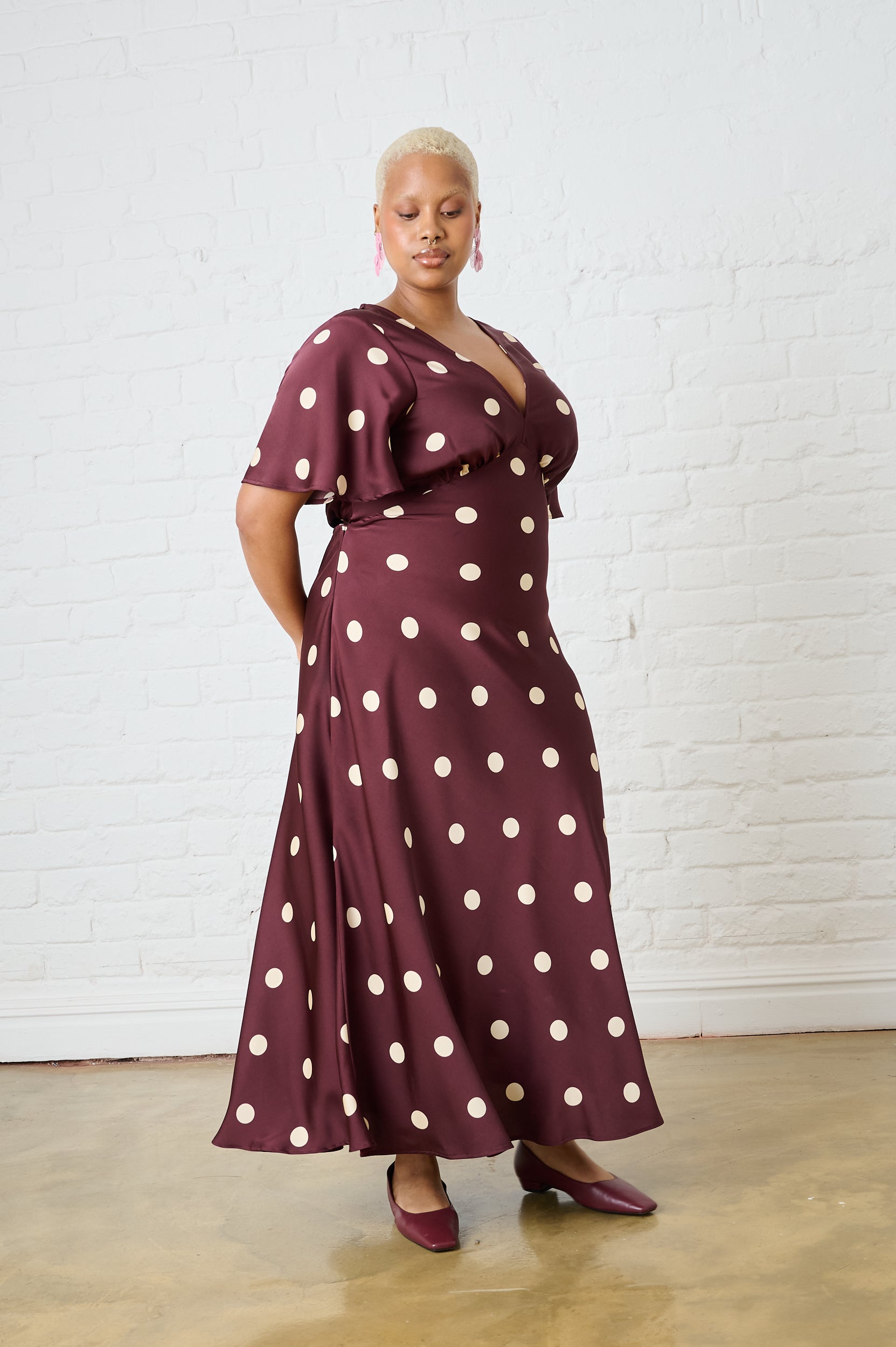 Burgundy Spot Satin Maxi Dress with Sleeve