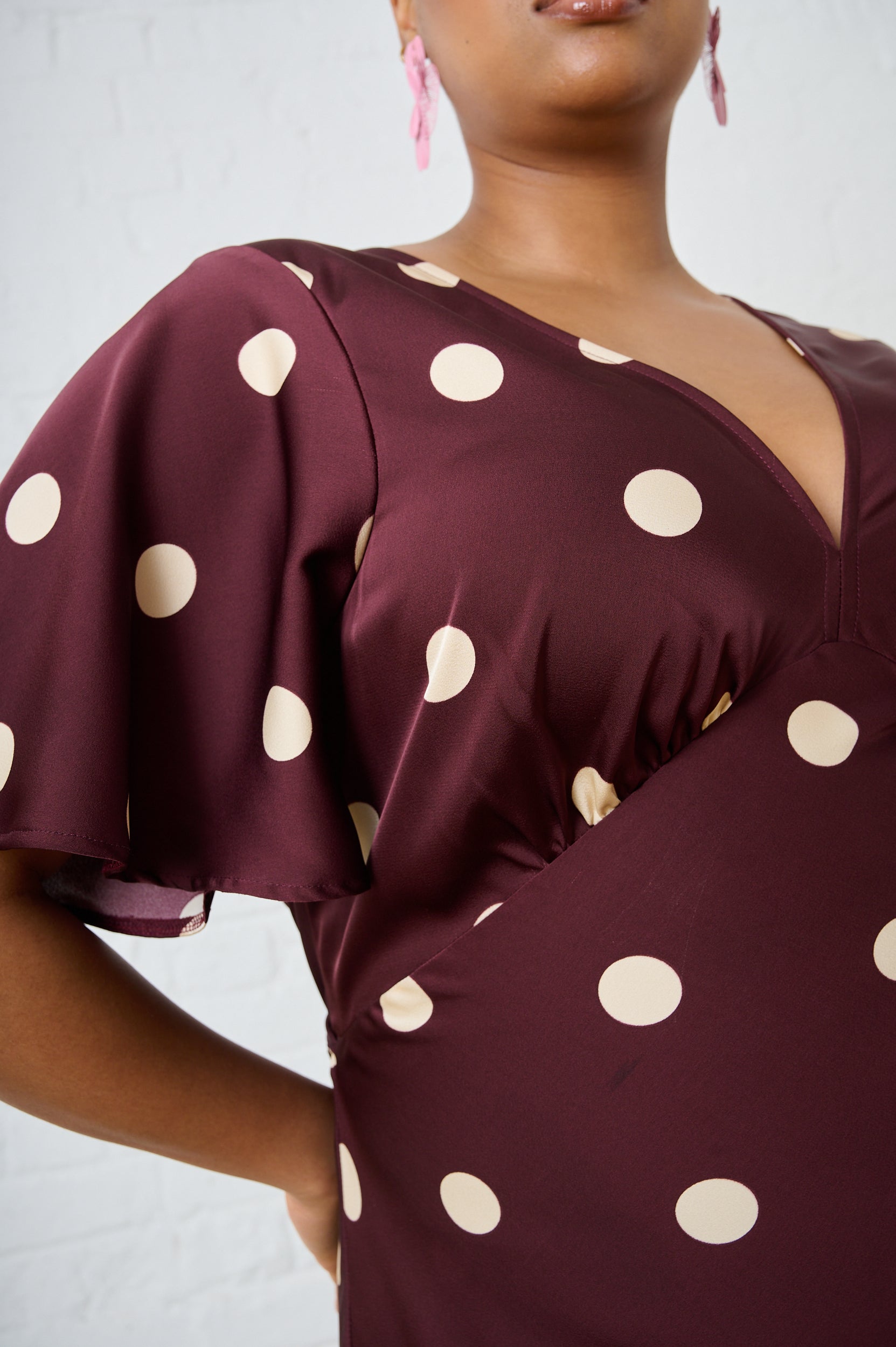 Burgundy Spot Satin Maxi Dress with Sleeve