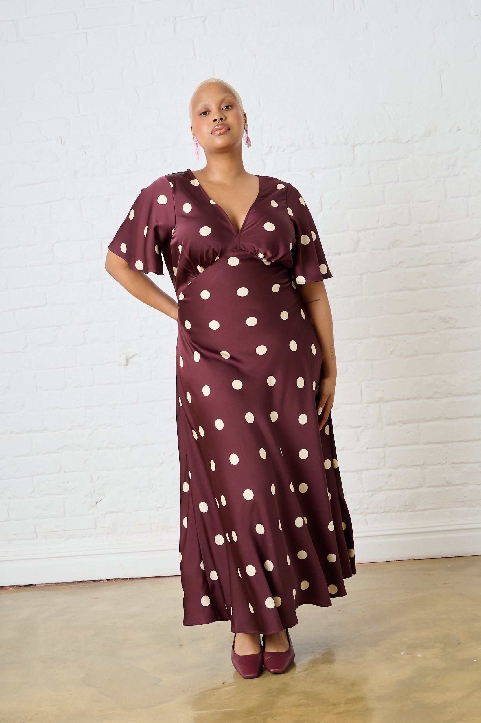 Burgundy Spot Satin Maxi Dress with Sleeve