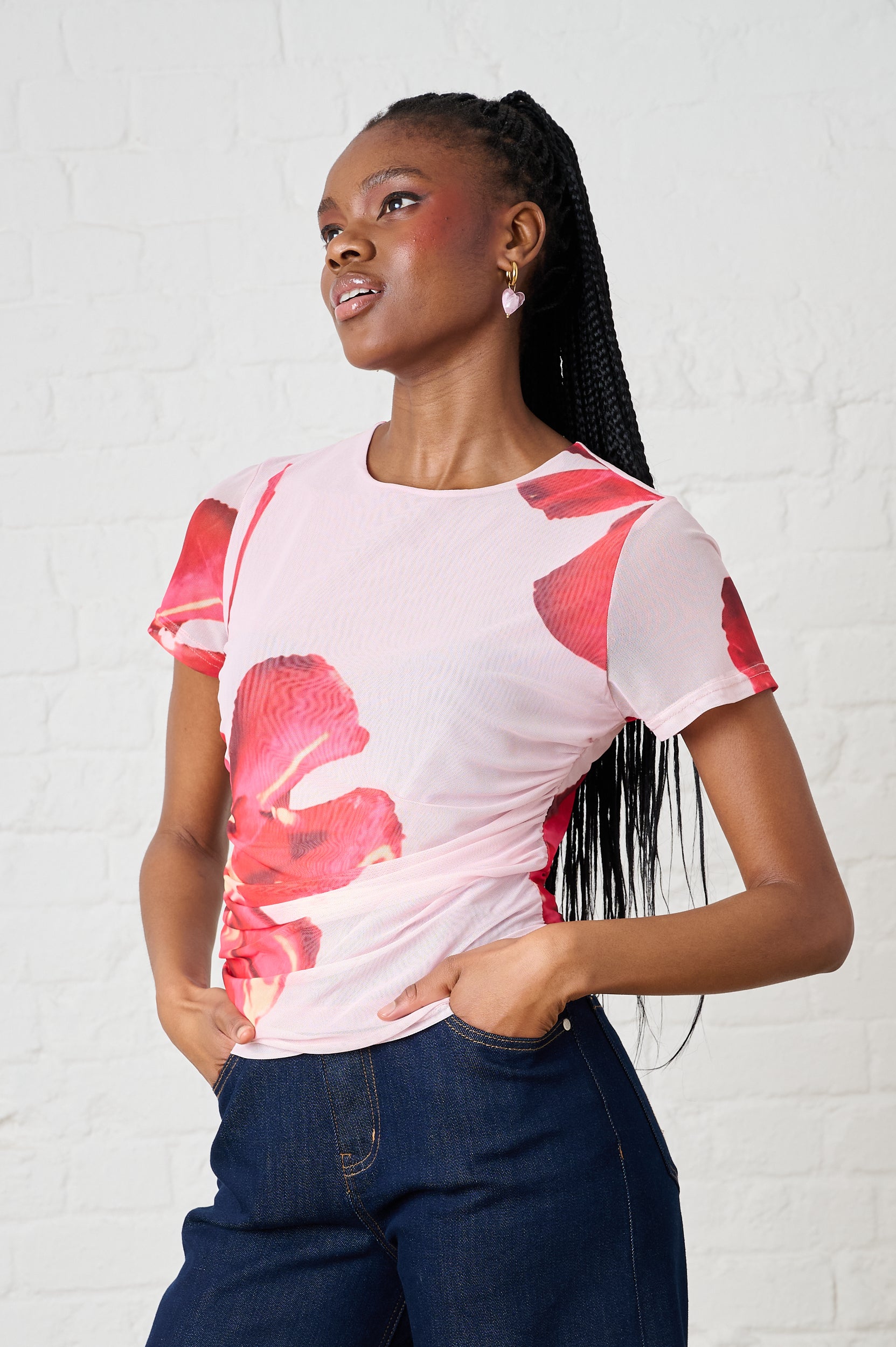 Ruched Mesh Top in Floral