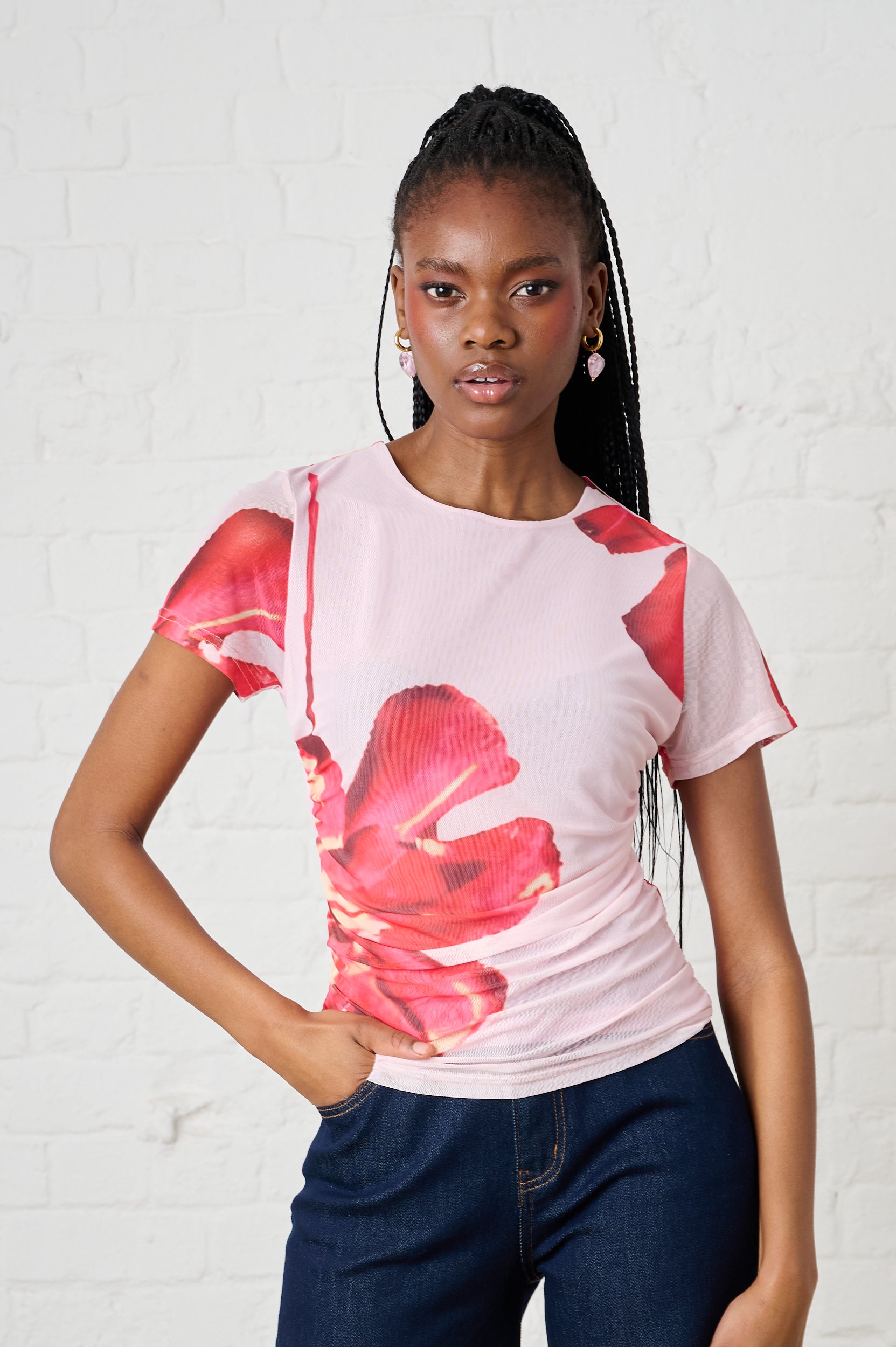 Ruched Mesh Top in Floral