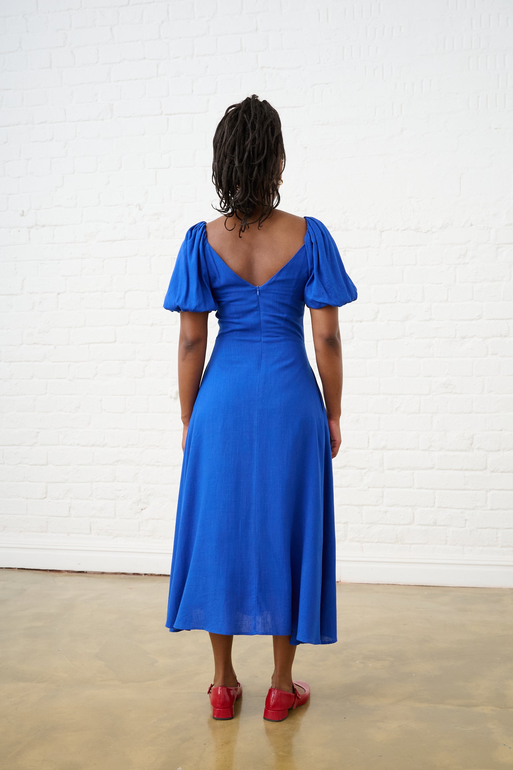 Cobalt Linen Blend Dress with Lace Up Detail – Me&B