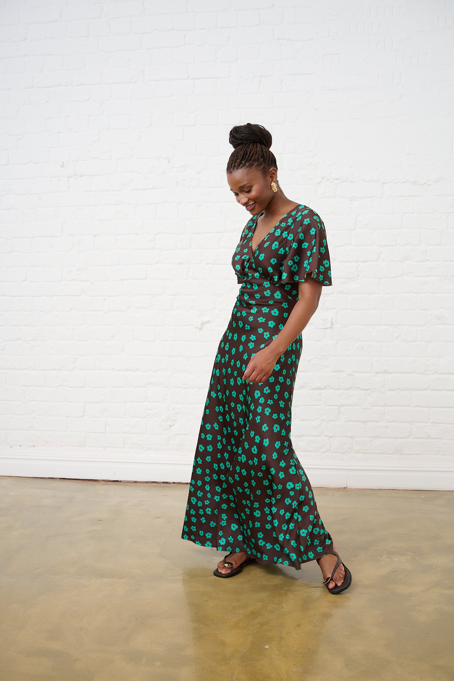 Choc Jade Flower Satin Bias Maxi Dress  Me&B