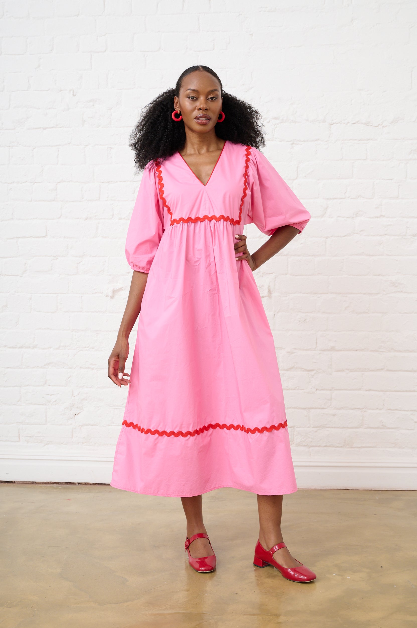 Pink Cotton Tunic Dress with Red RicRac Me&B Pink Cotton Tunic Dress with Red RicRac Me&B