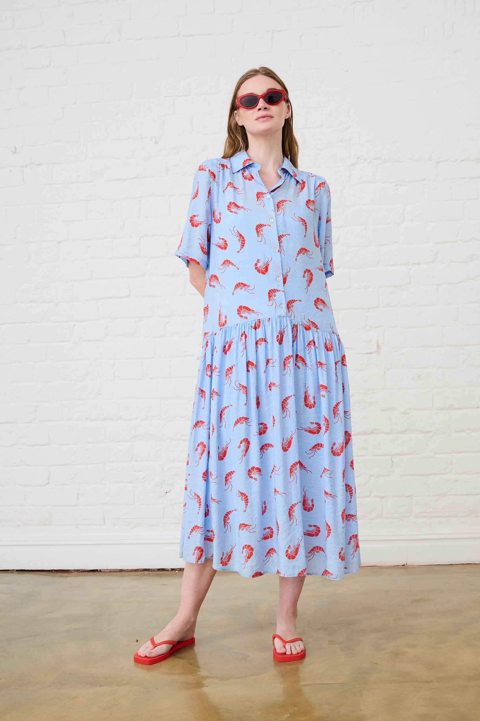 The Dropped Waist Shirtdress in Prawn Print