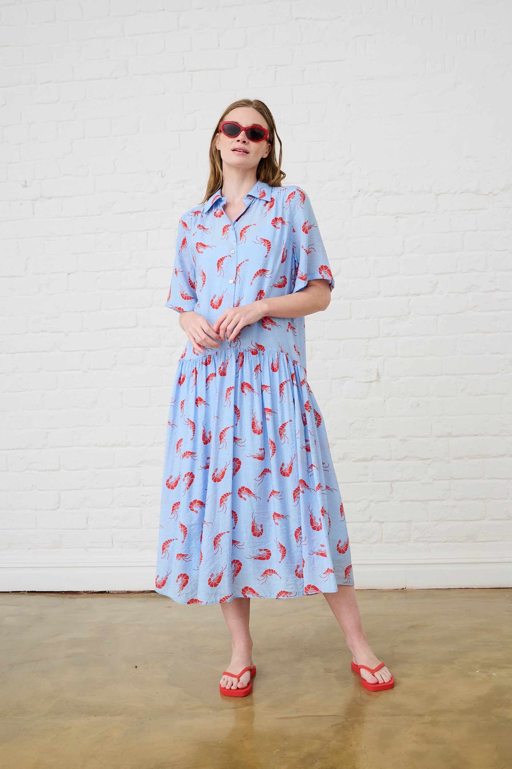 The Dropped Waist Shirtdress in Prawn Print