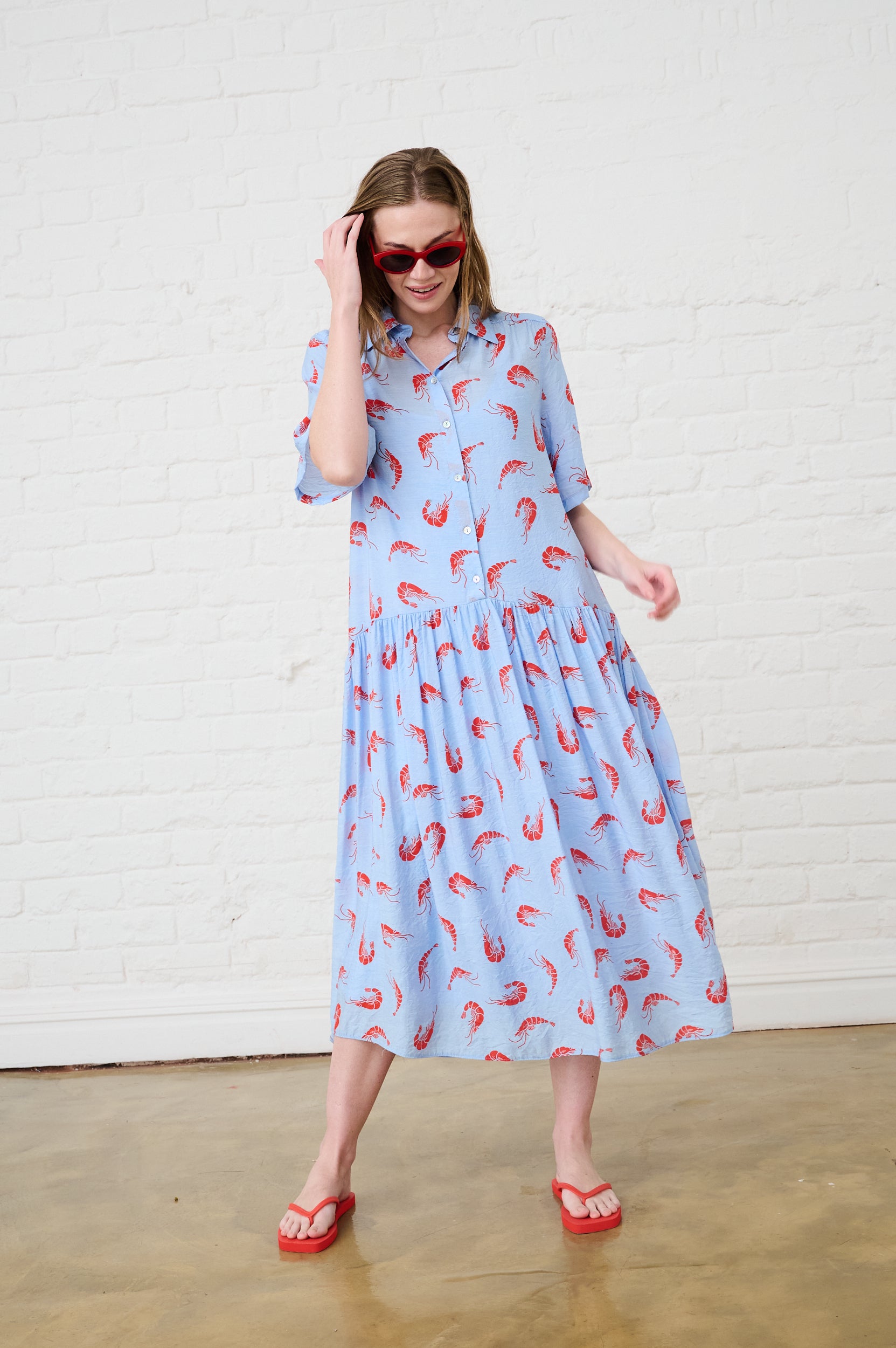 The Dropped Waist Shirtdress in Prawn Print
