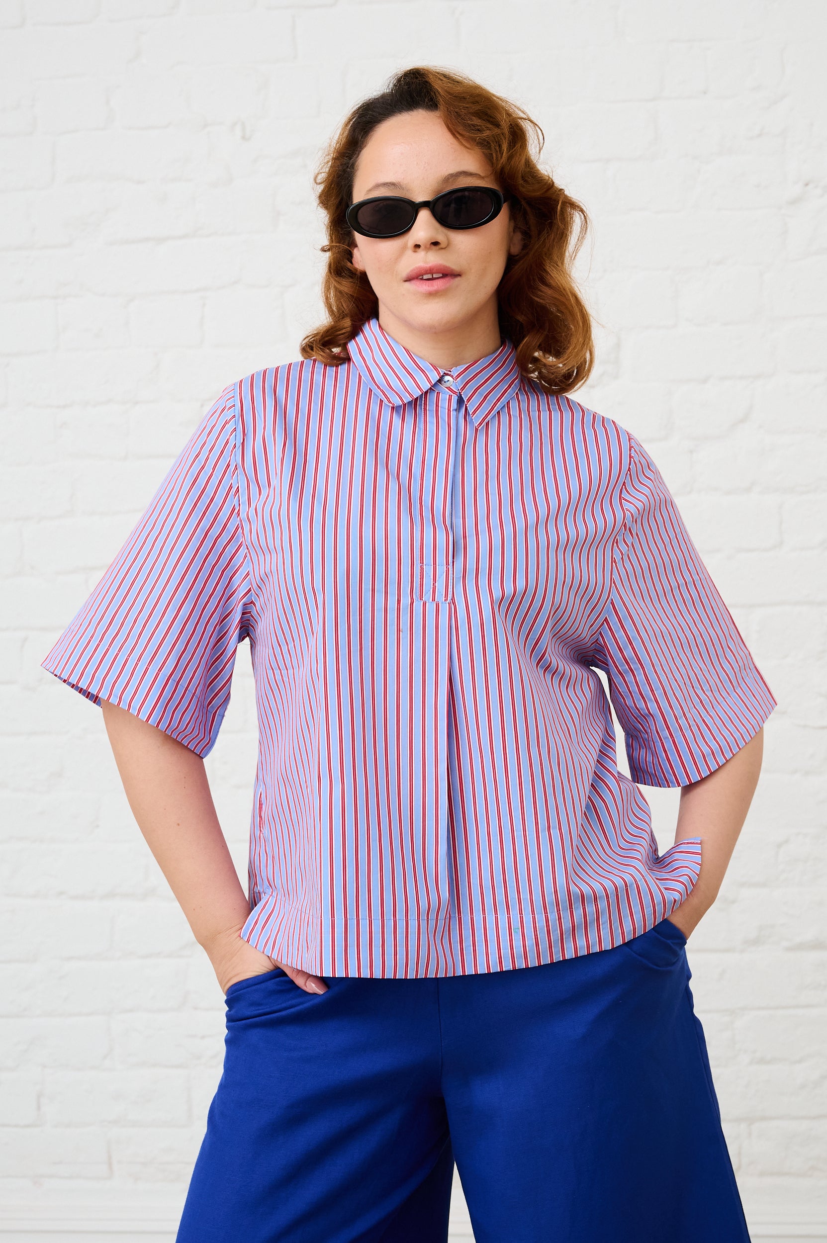 Cotton Boxy Shirt in Blue/Red Stripe