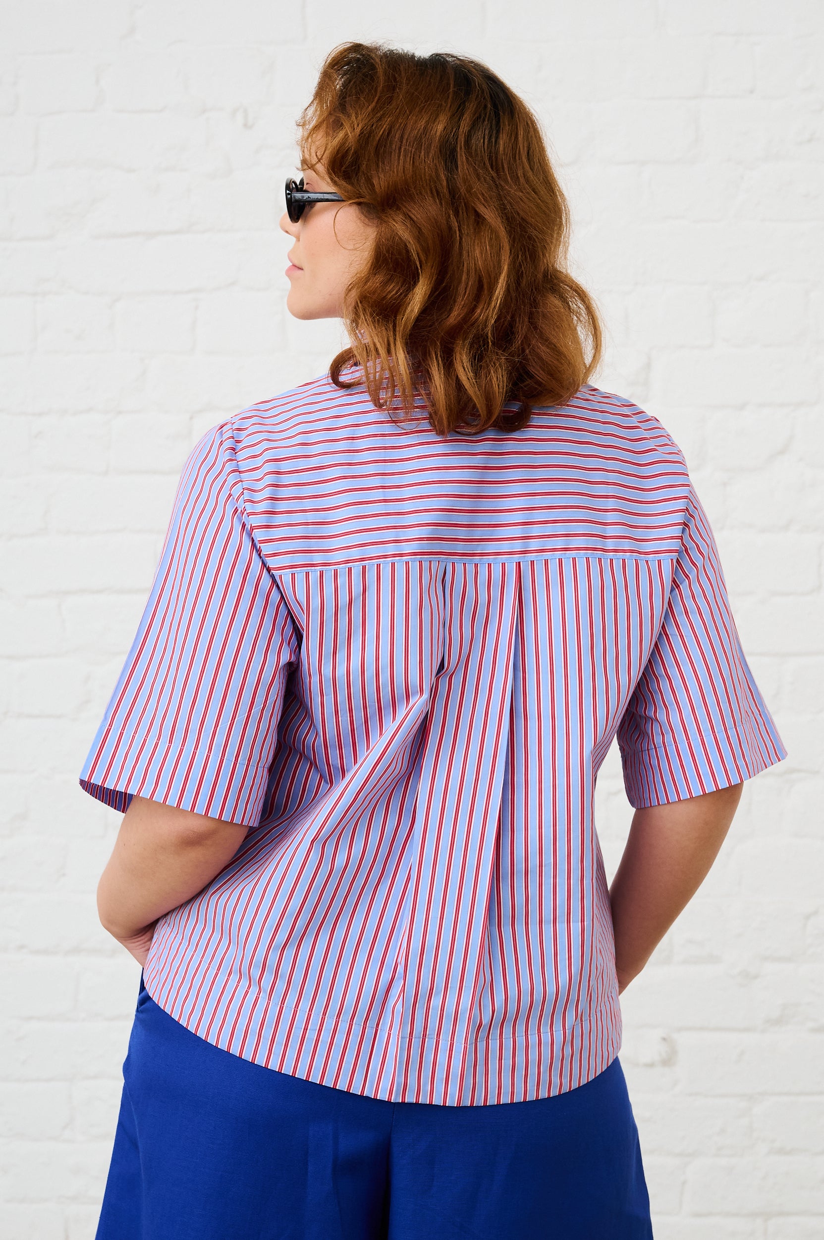 Cotton Boxy Shirt in Blue/Red Stripe