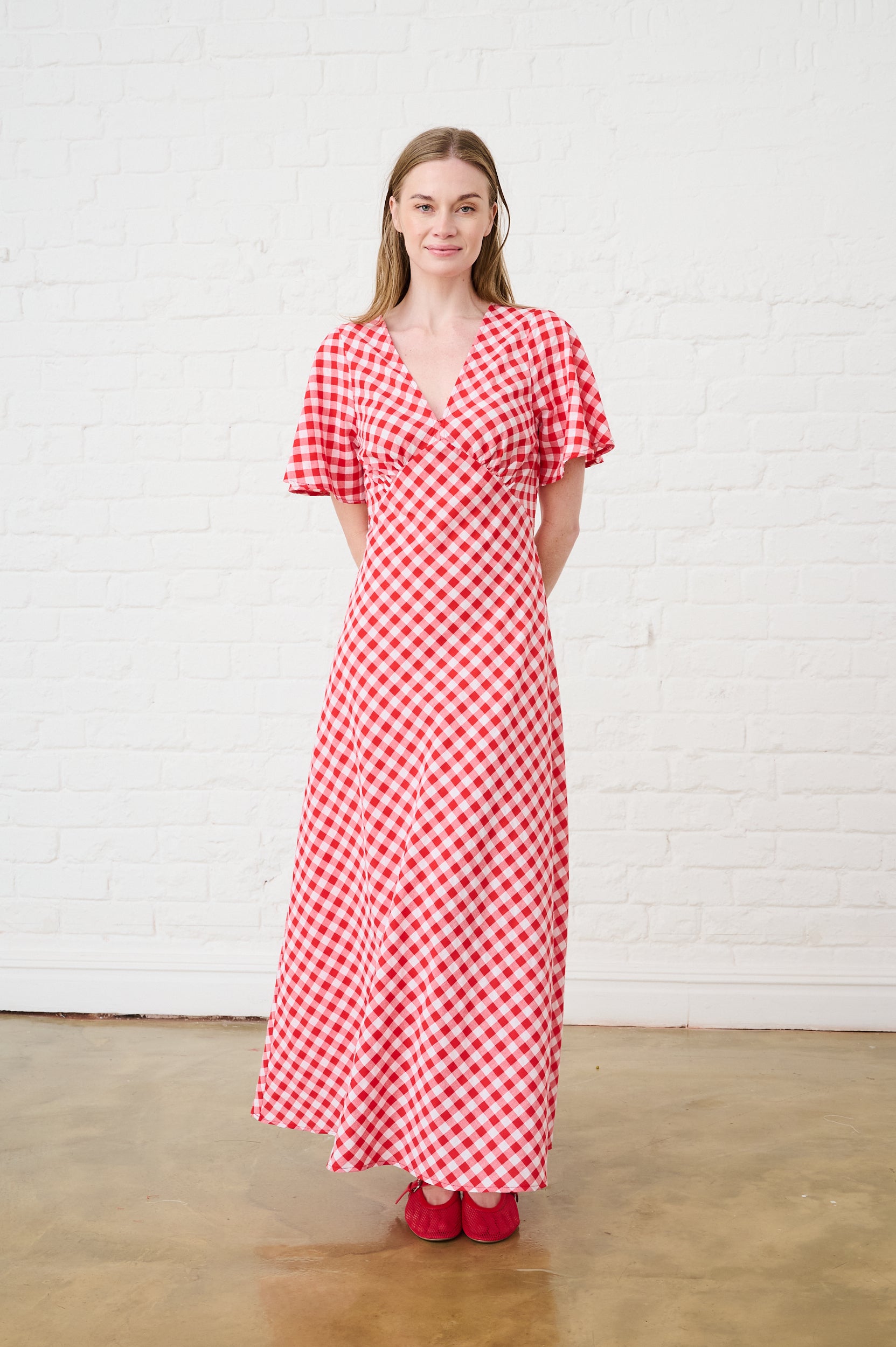 Red Gingham Maxi Dress with Sleeve