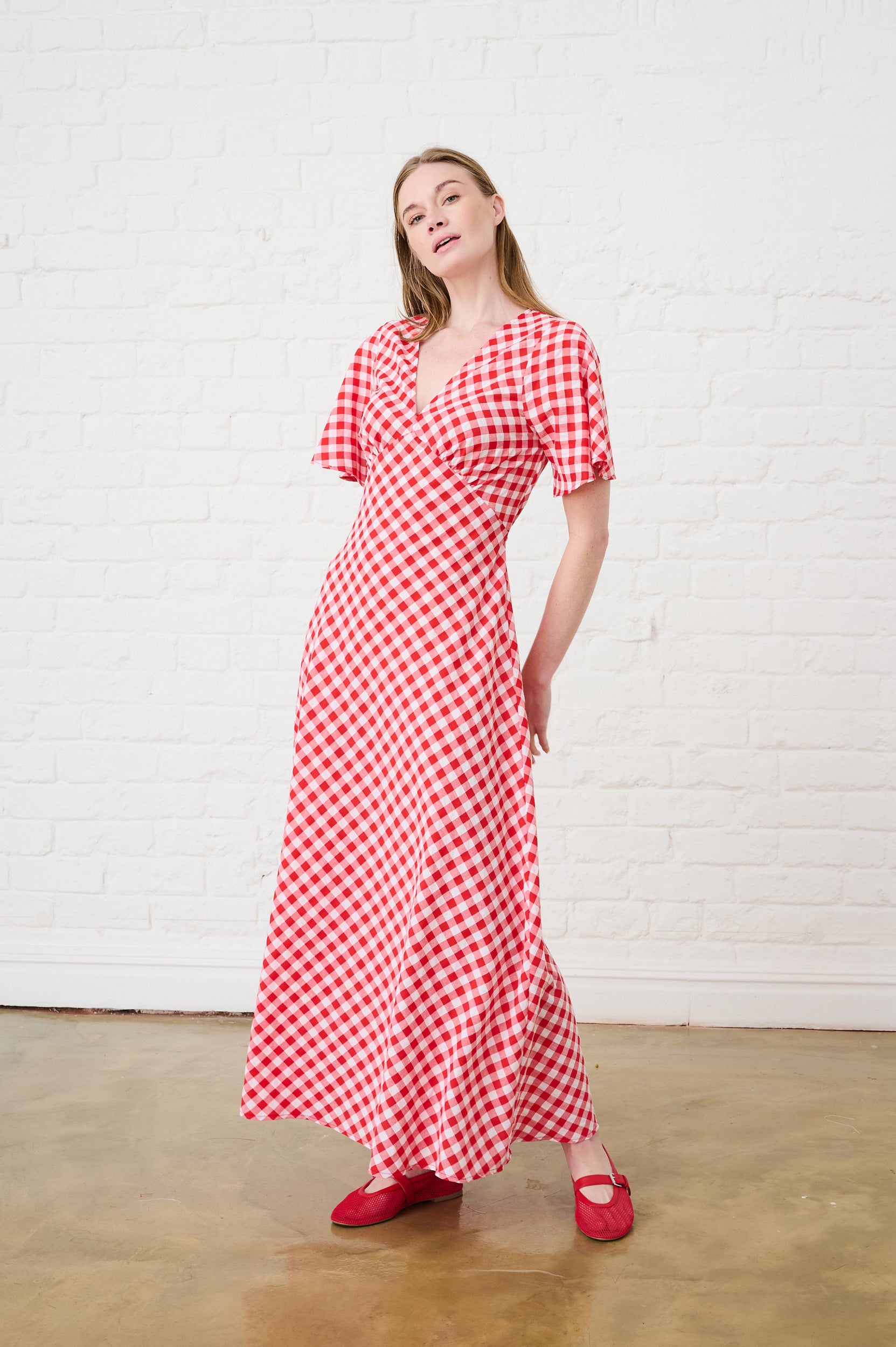 Red Gingham Maxi Dress with Sleeve