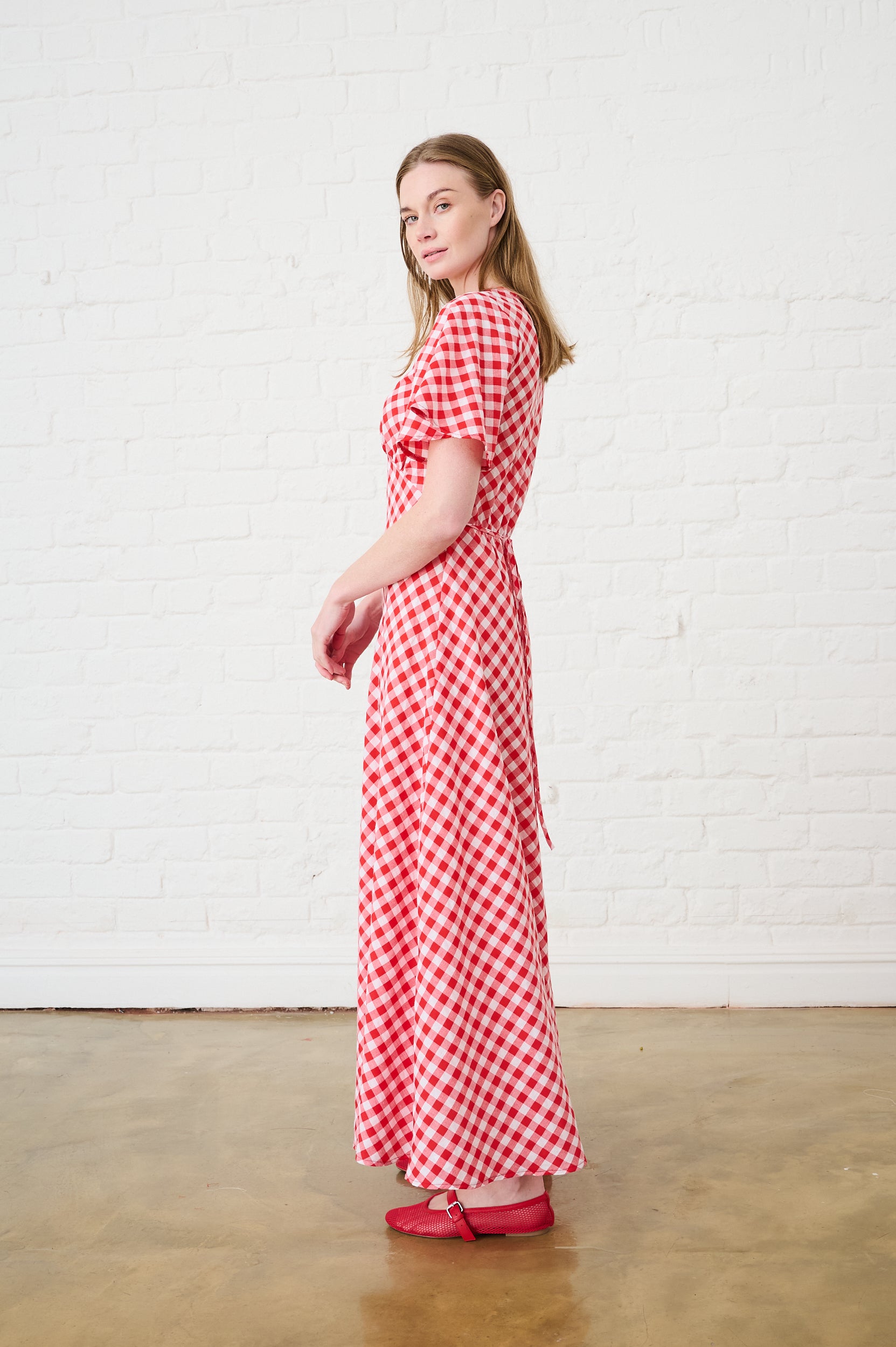 Red Gingham Maxi Dress with Sleeve