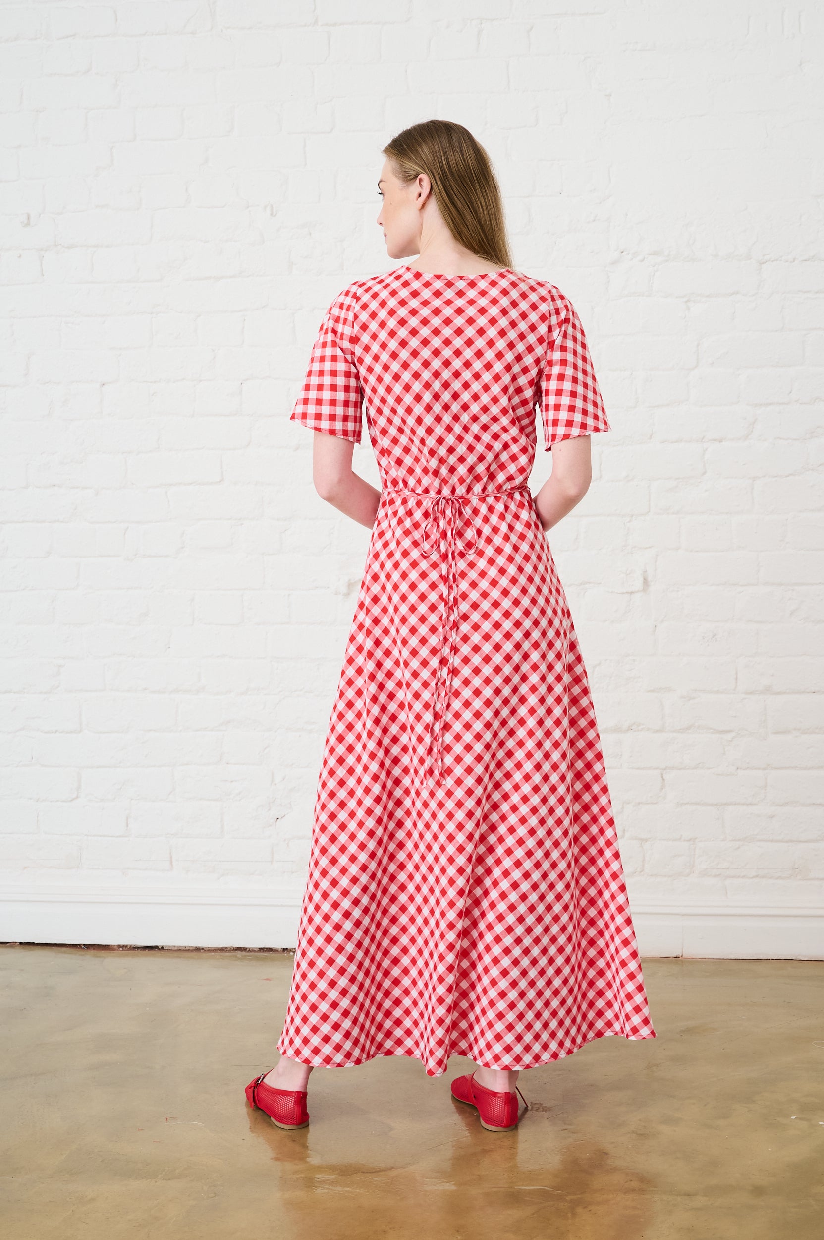 Red Gingham Maxi Dress with Sleeve