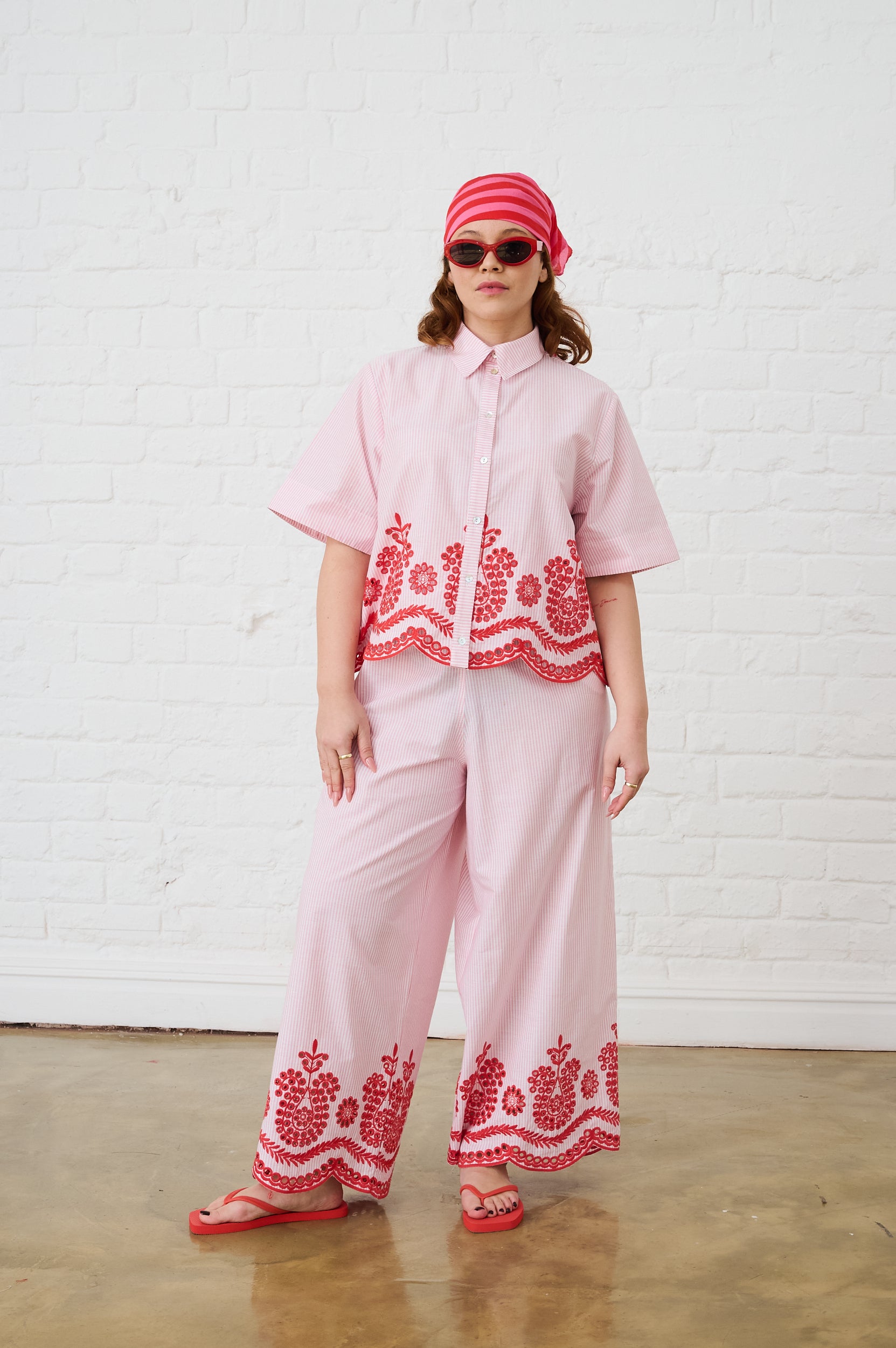 Pull on Pants in Red and Pink Anglaise