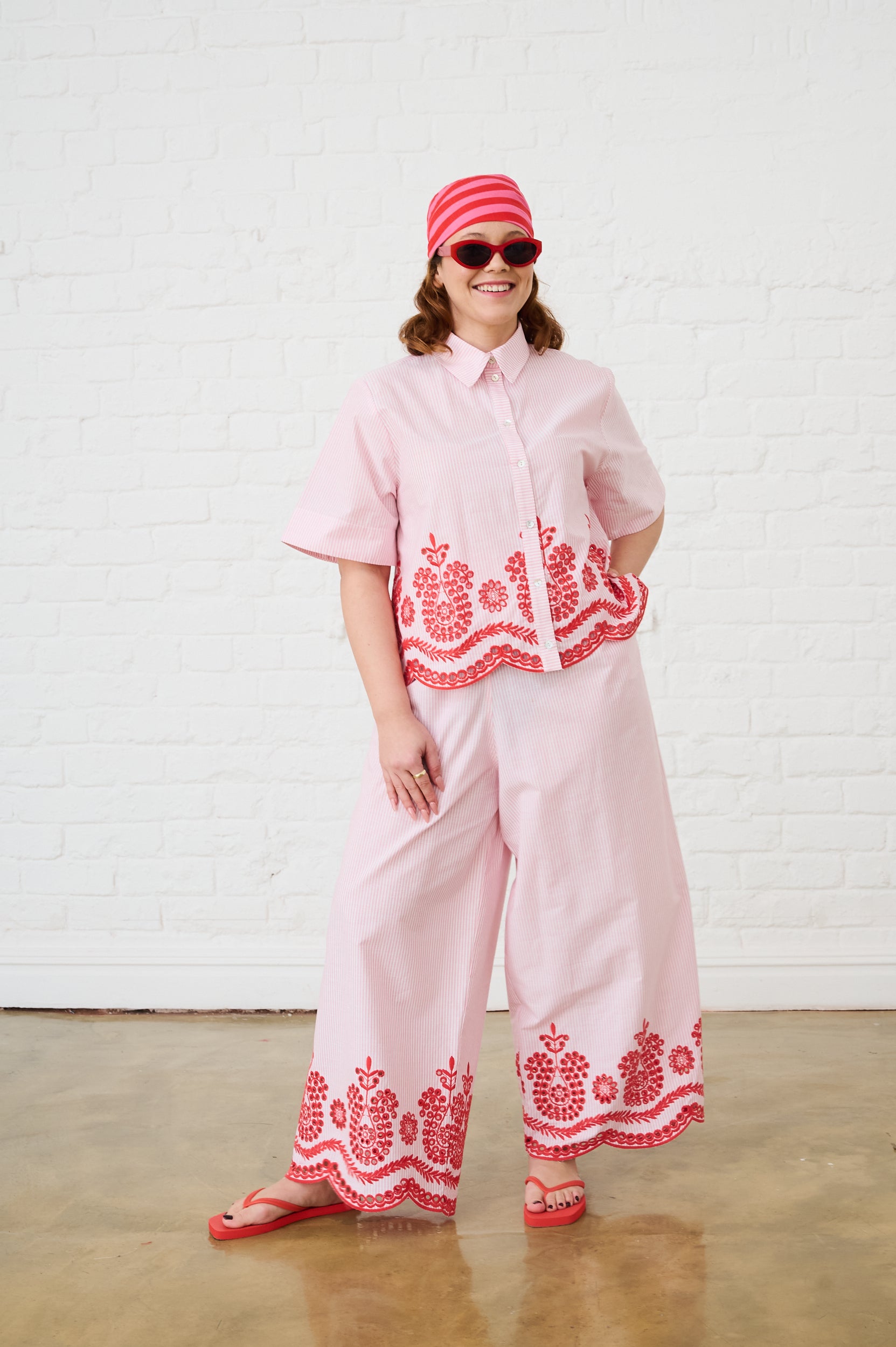 Pull on Pants in Red and Pink Anglaise