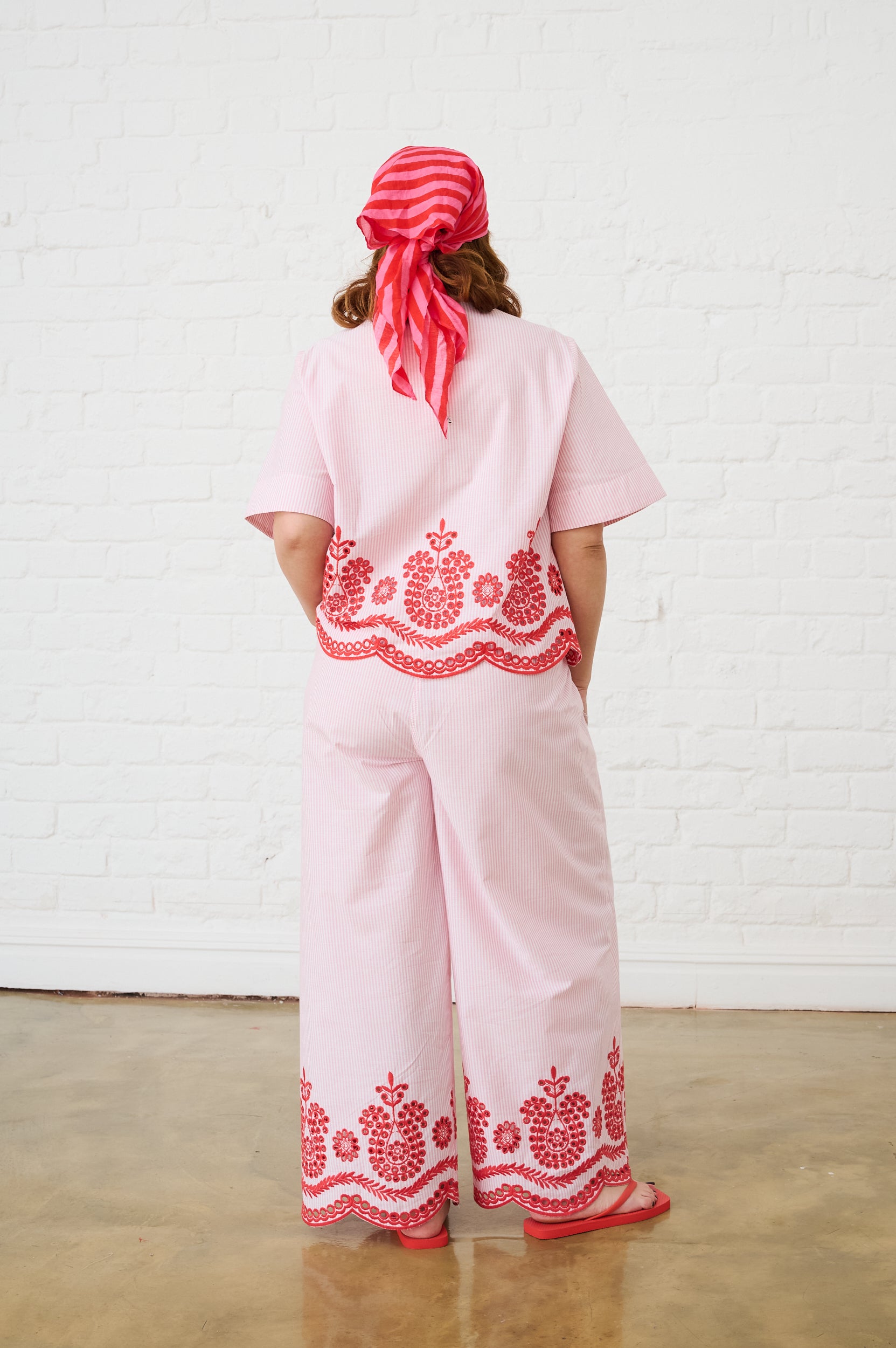 Pull on Pants in Red and Pink Anglaise