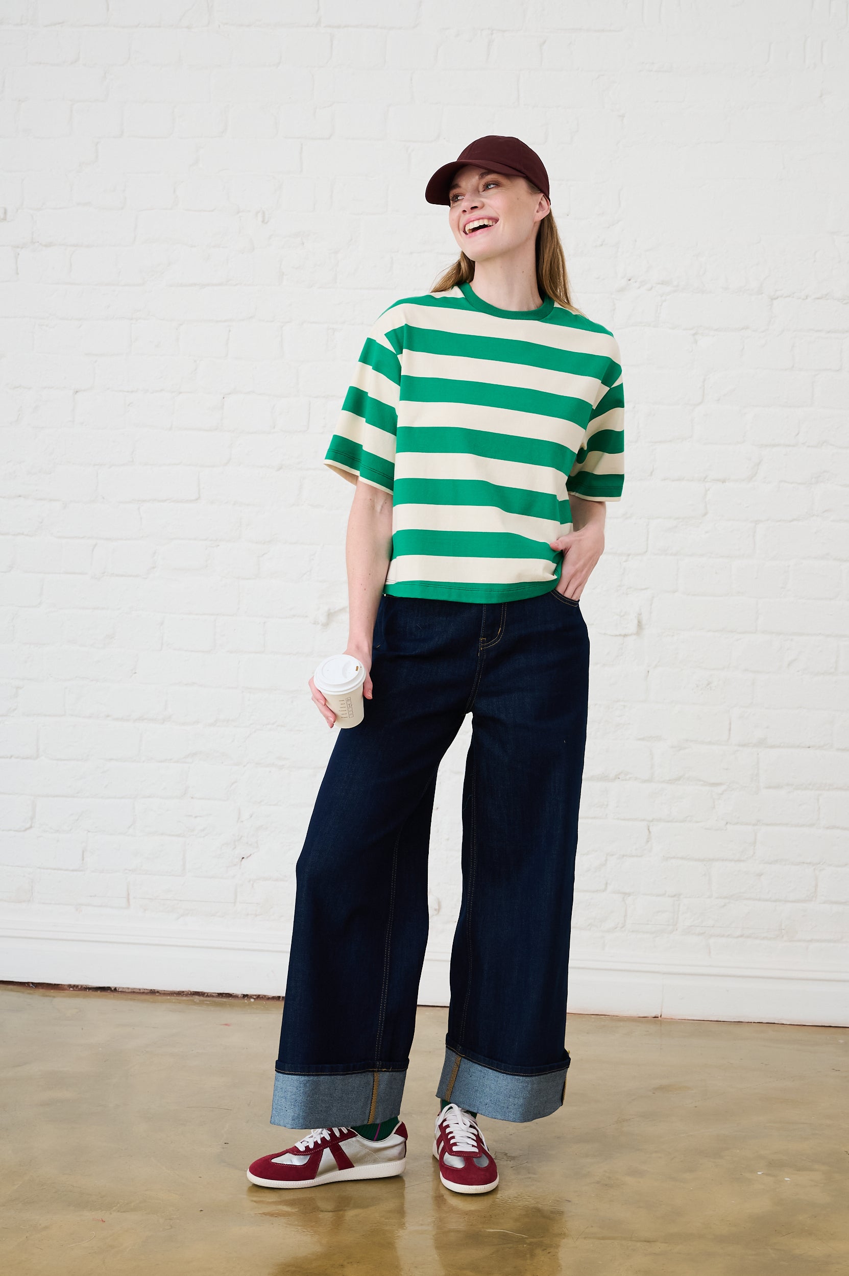 The Boxy Tee in Green/Milk Stripe