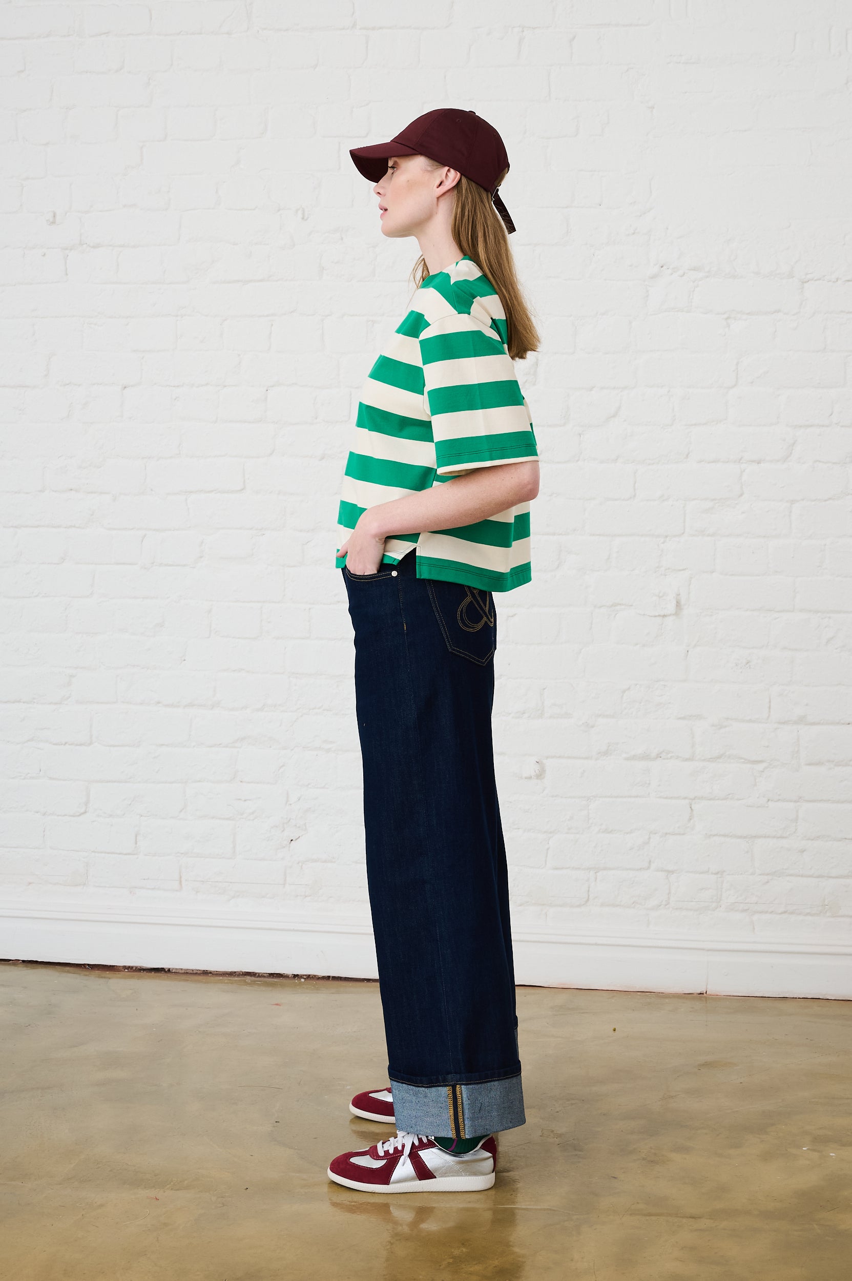 The Boxy Tee in Green/Milk Stripe