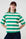 Model is wearing a green and white striped T-Shirt with a brown cap and jeans