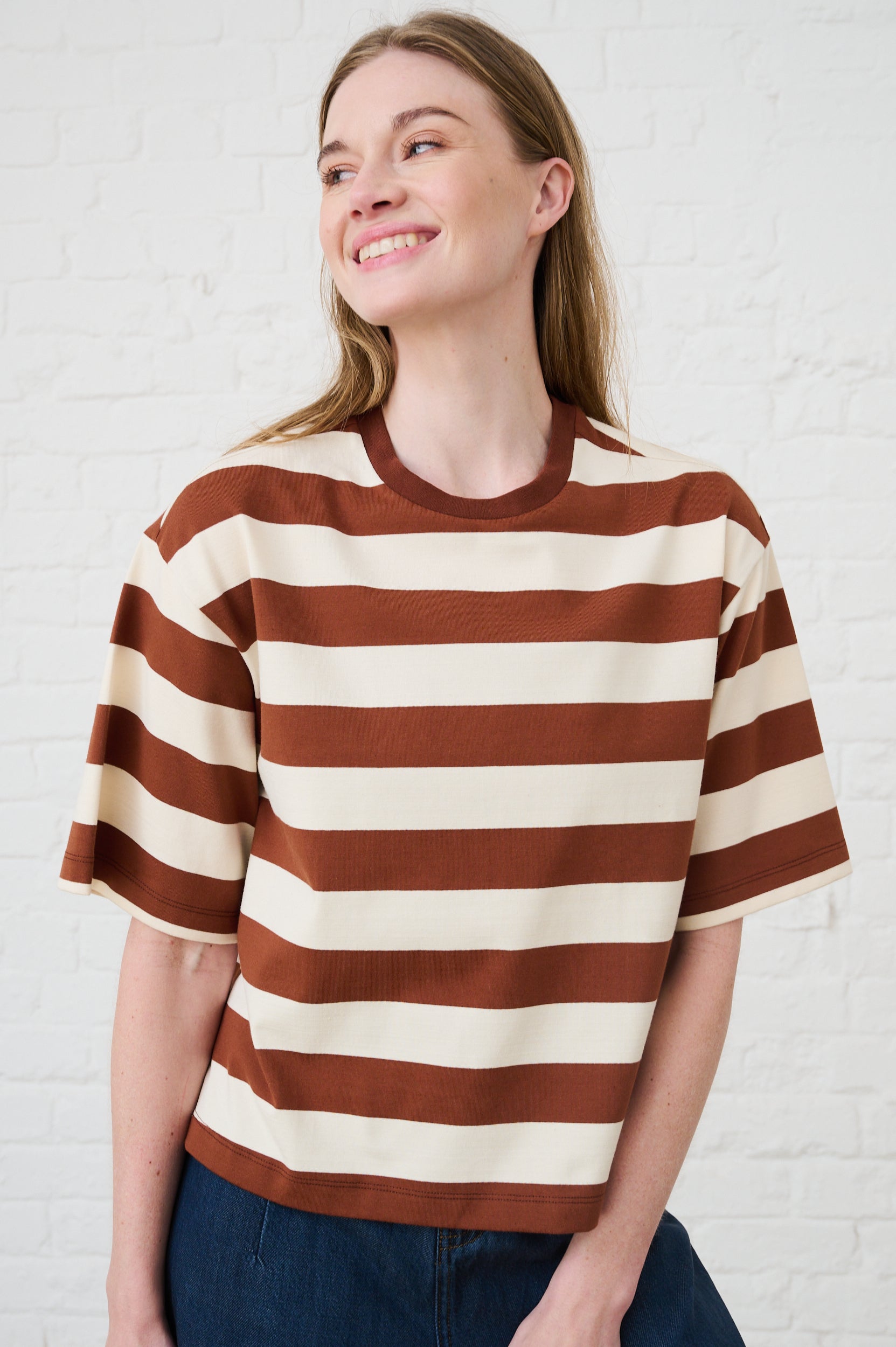 The Boxy Tee in Choc/Milk Stripe
