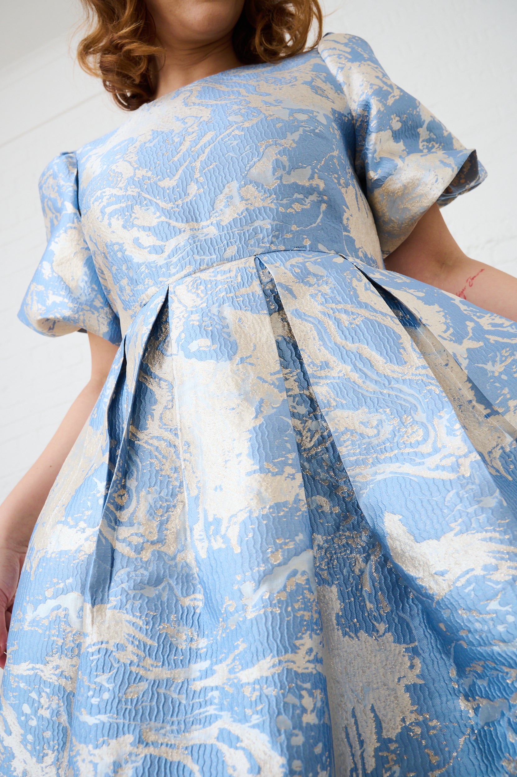 Pastel Blue Puff Sleeve Brocade Party Mini Dress