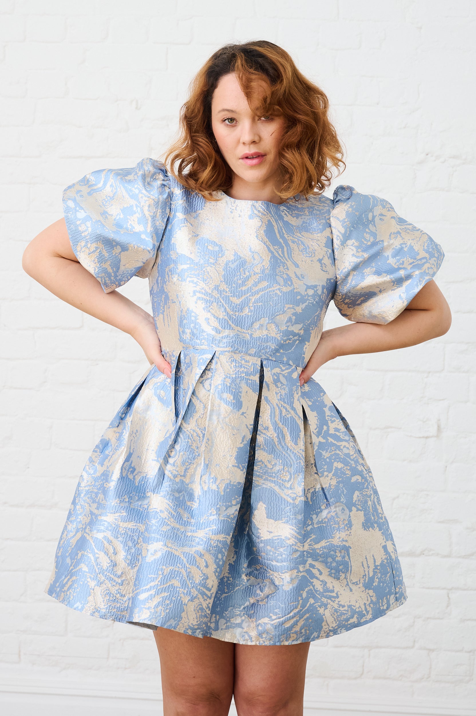 Pastel Blue Puff Sleeve Brocade Party Mini Dress