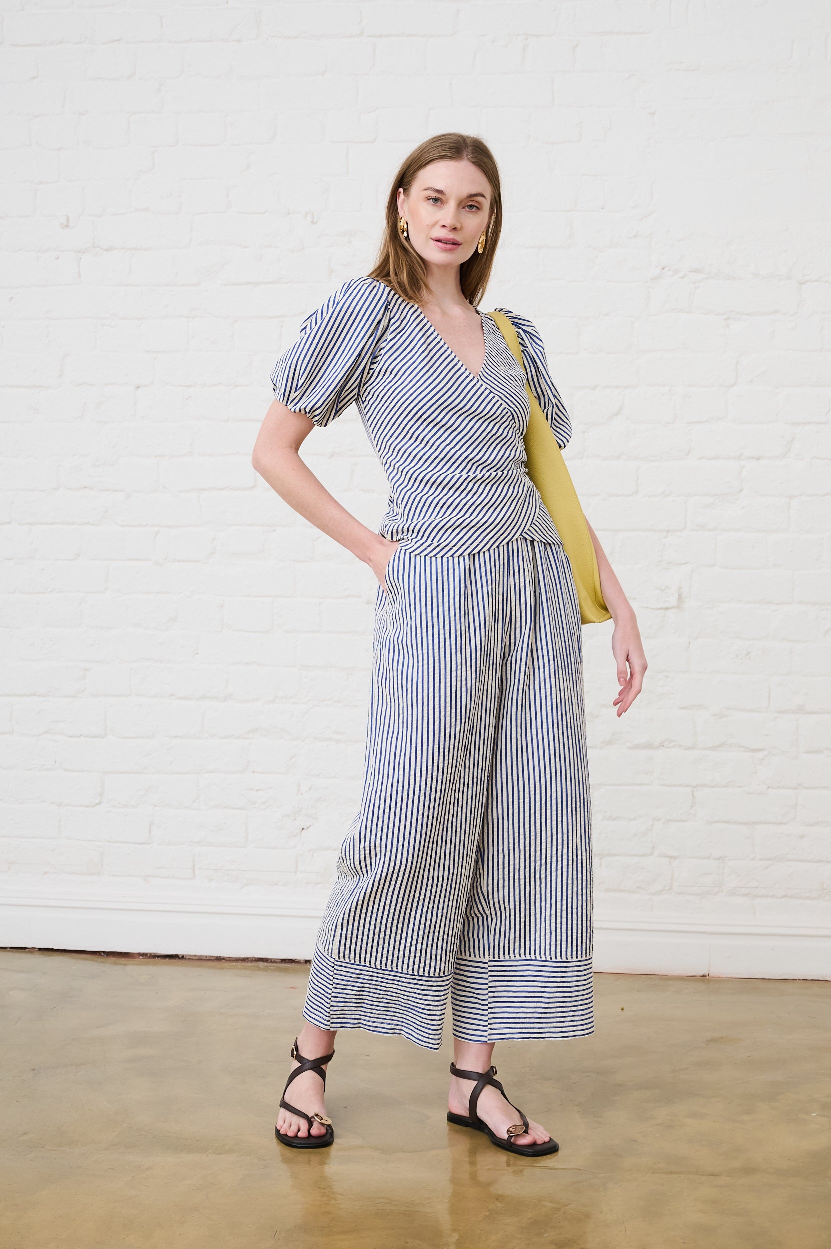 Elasticated Pull on Pants in Blue/Milk Stripe