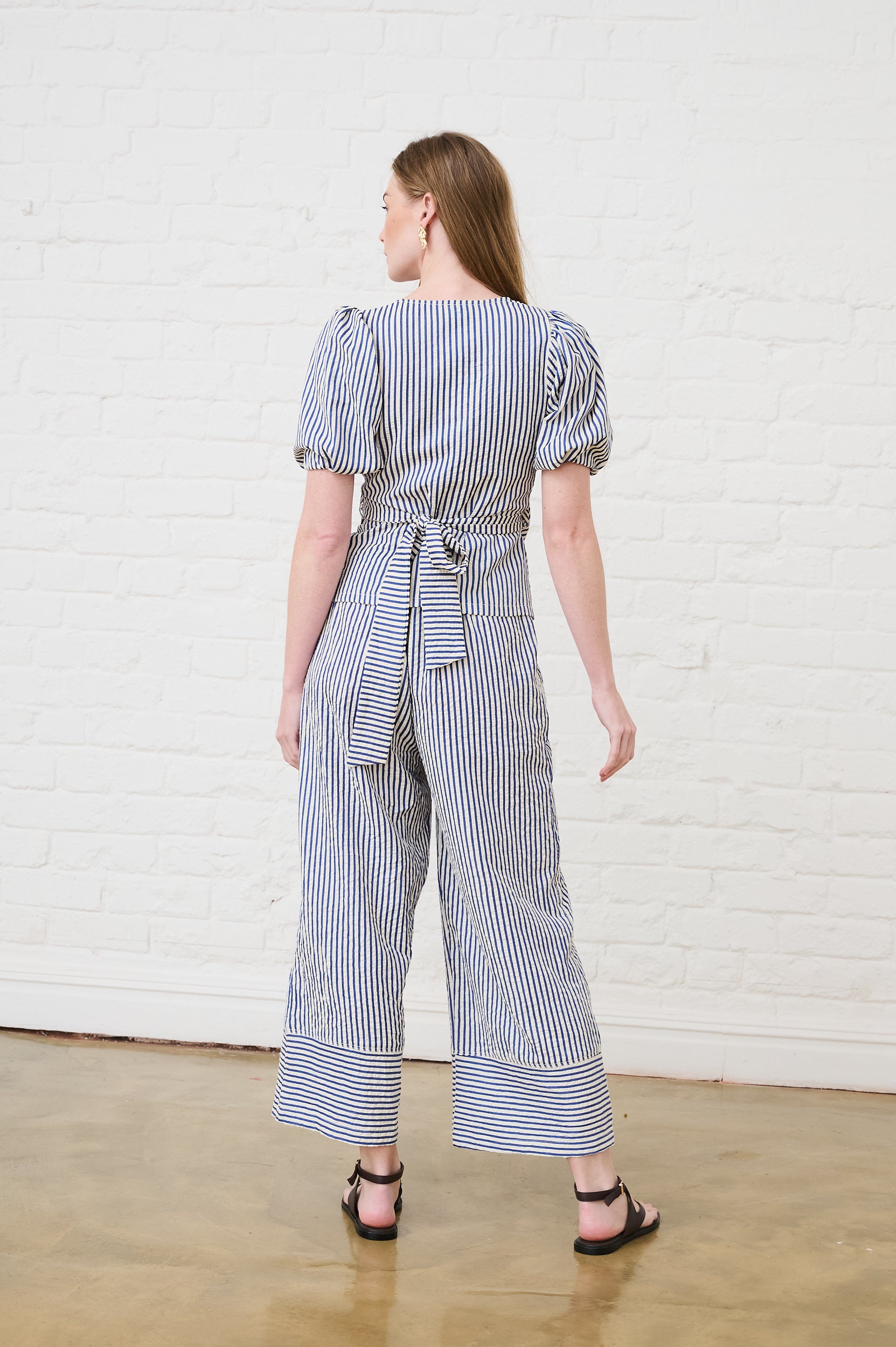 Elasticated Pull on Pants in Blue/Milk Stripe