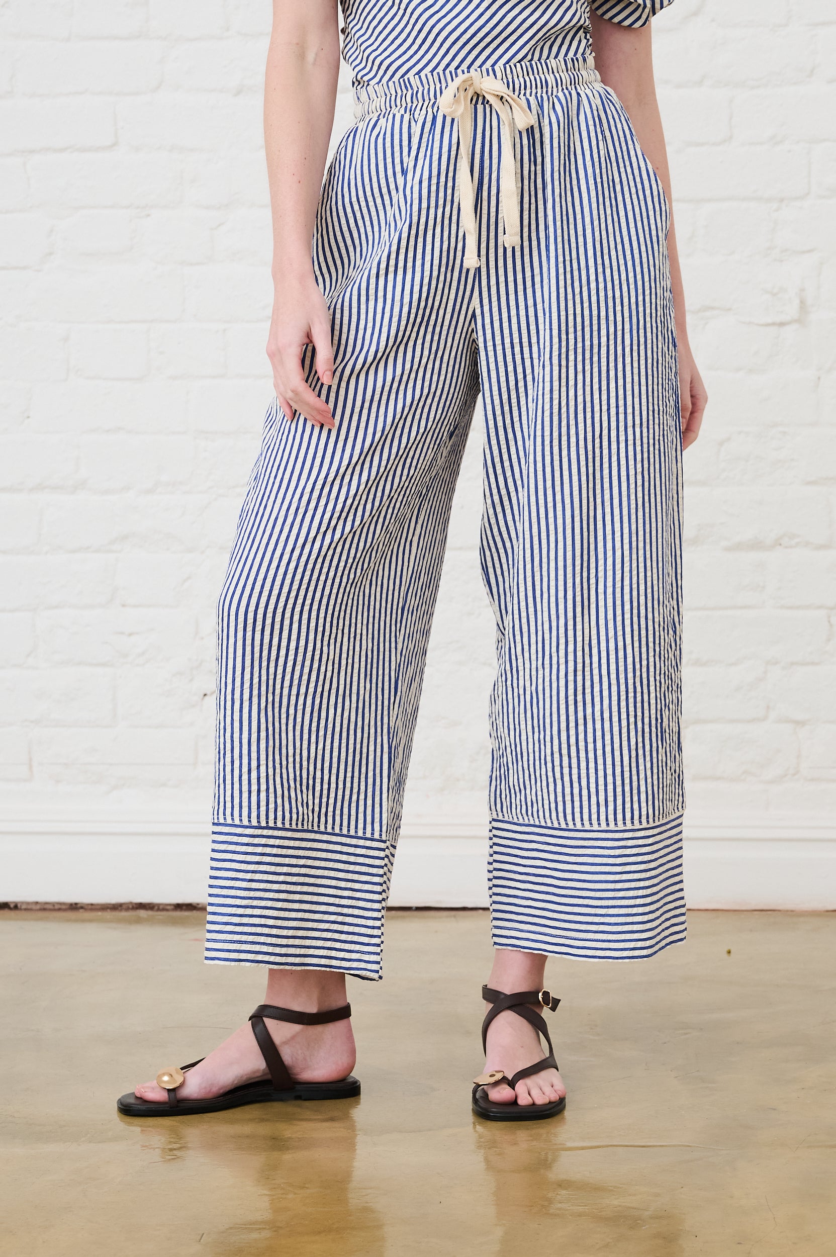 Elasticated Pull on Pants in Blue/Milk Stripe