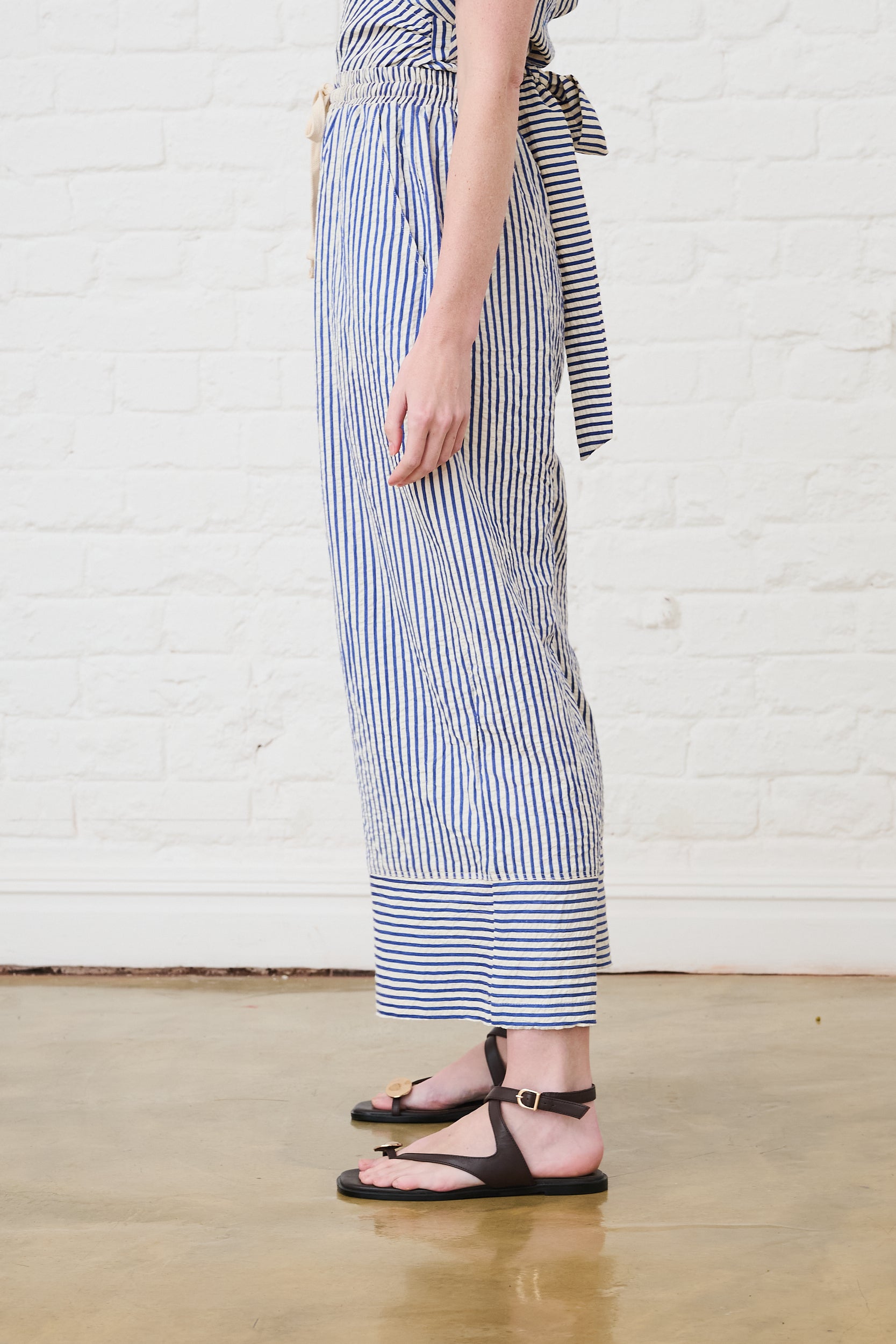 Elasticated Pull on Pants in Blue/Milk Stripe