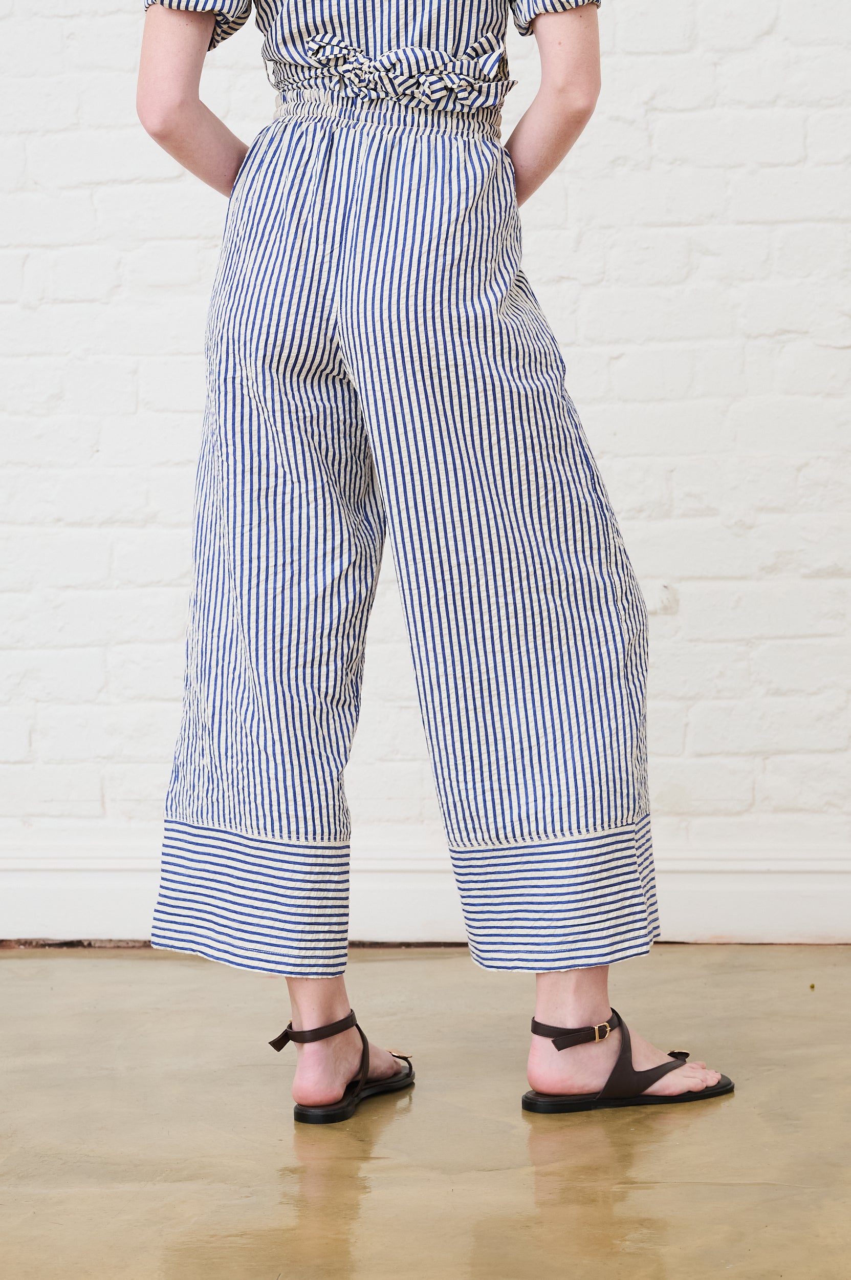 Elasticated Pull on Pants in Blue/Milk Stripe