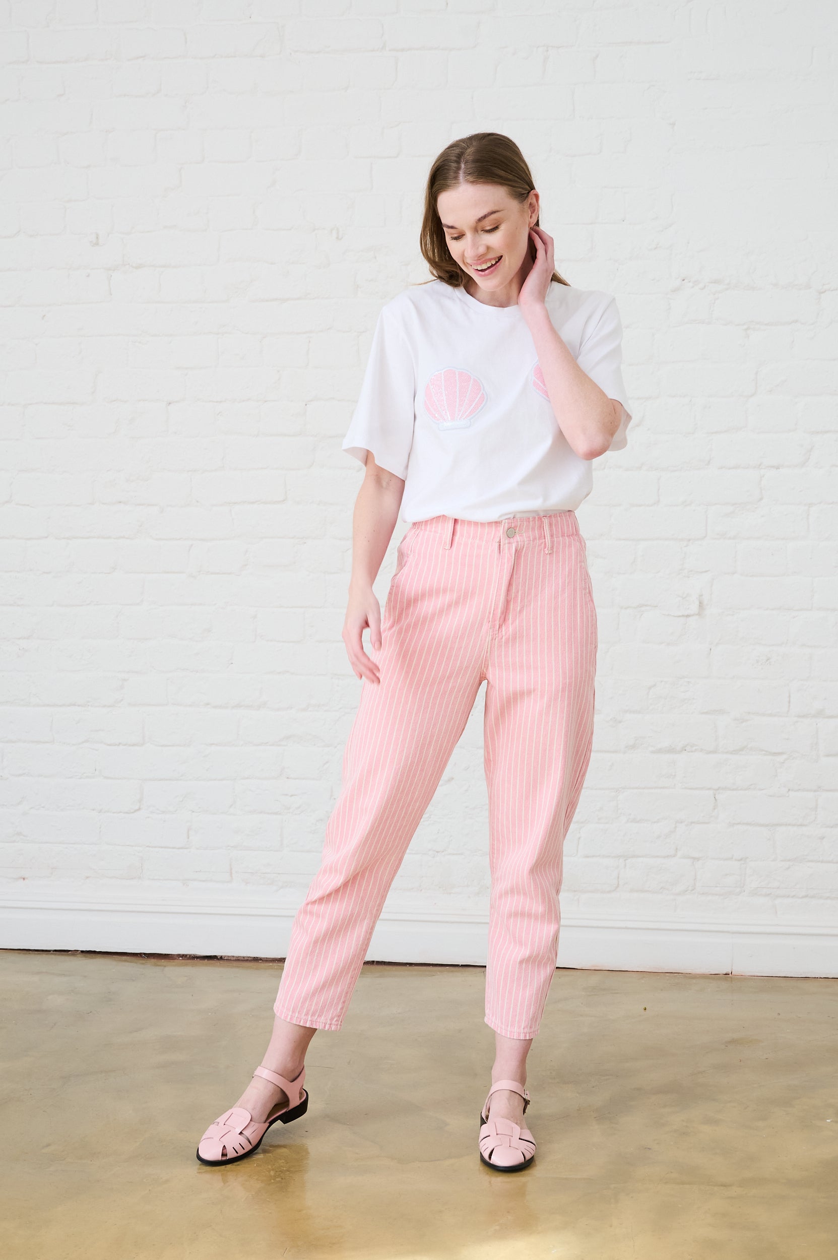 The Mom Jean in Pink Stripe