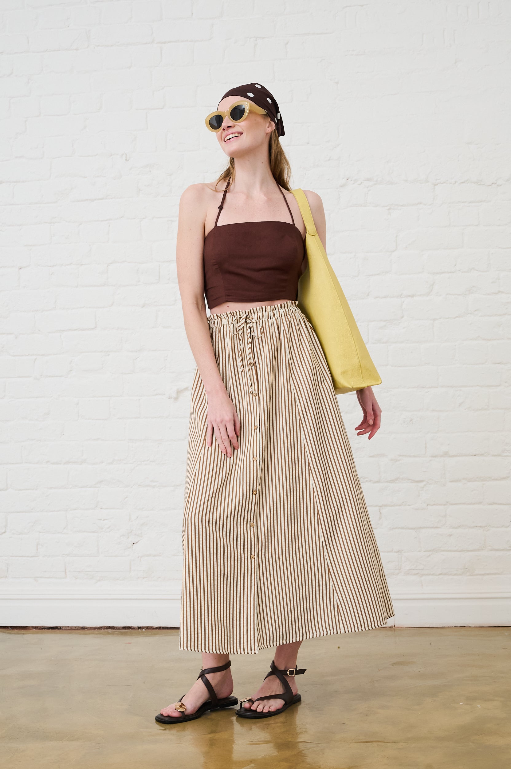 Elasticated Skirt in Choc Milk Stripe