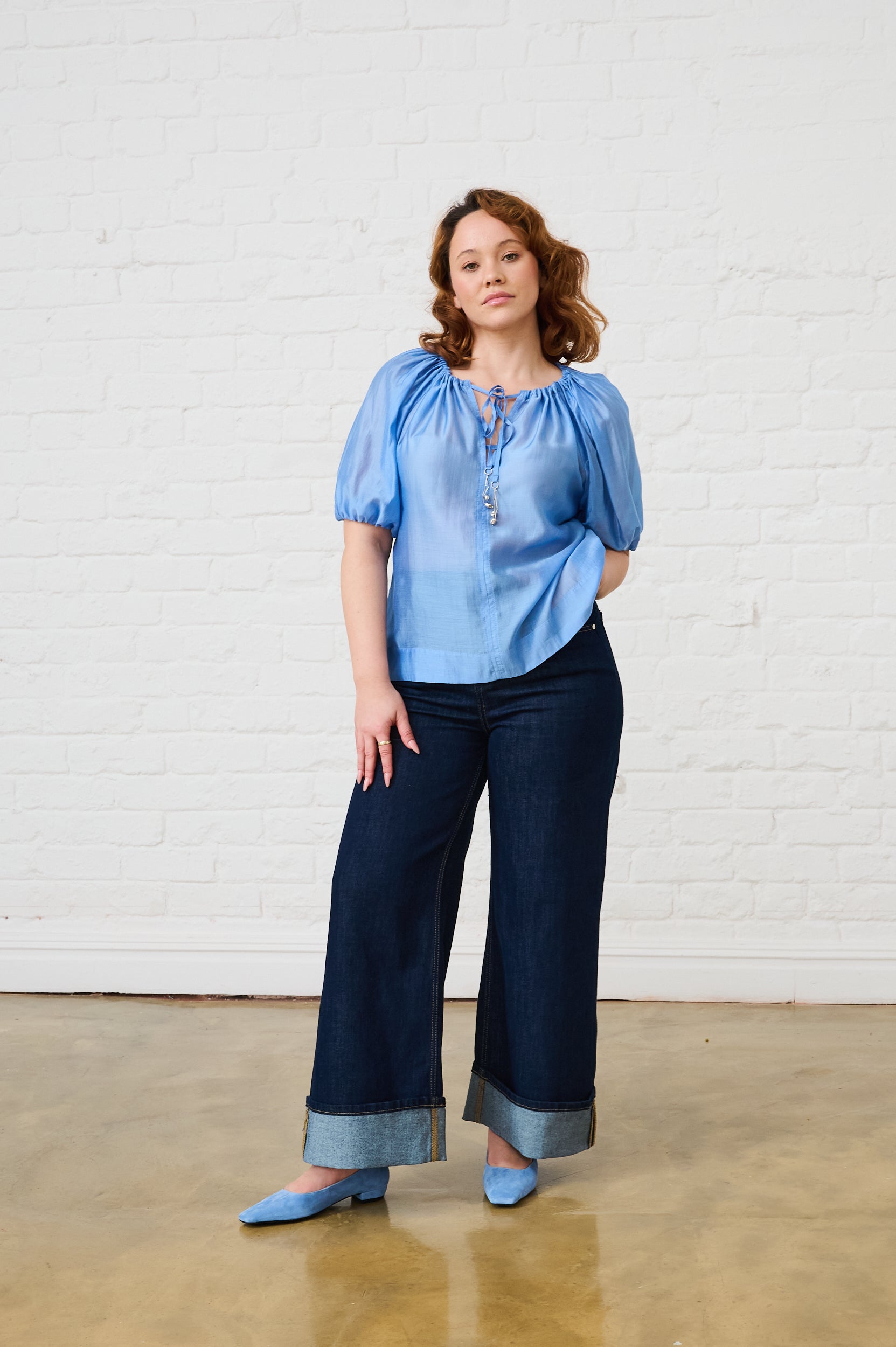 Puff Sleeve Blouse in Cornflower Blue