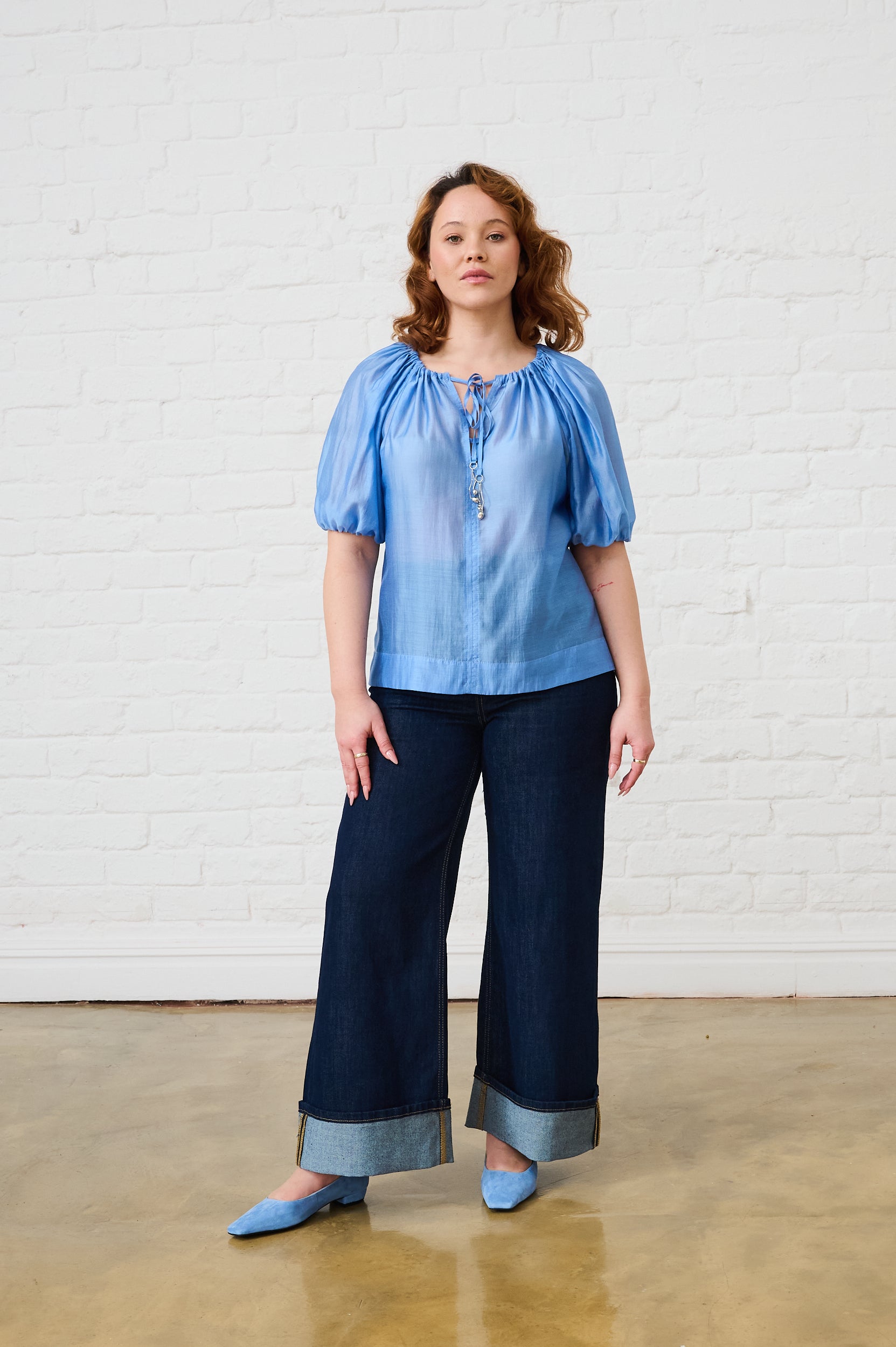 Puff Sleeve Blouse in Cornflower Blue
